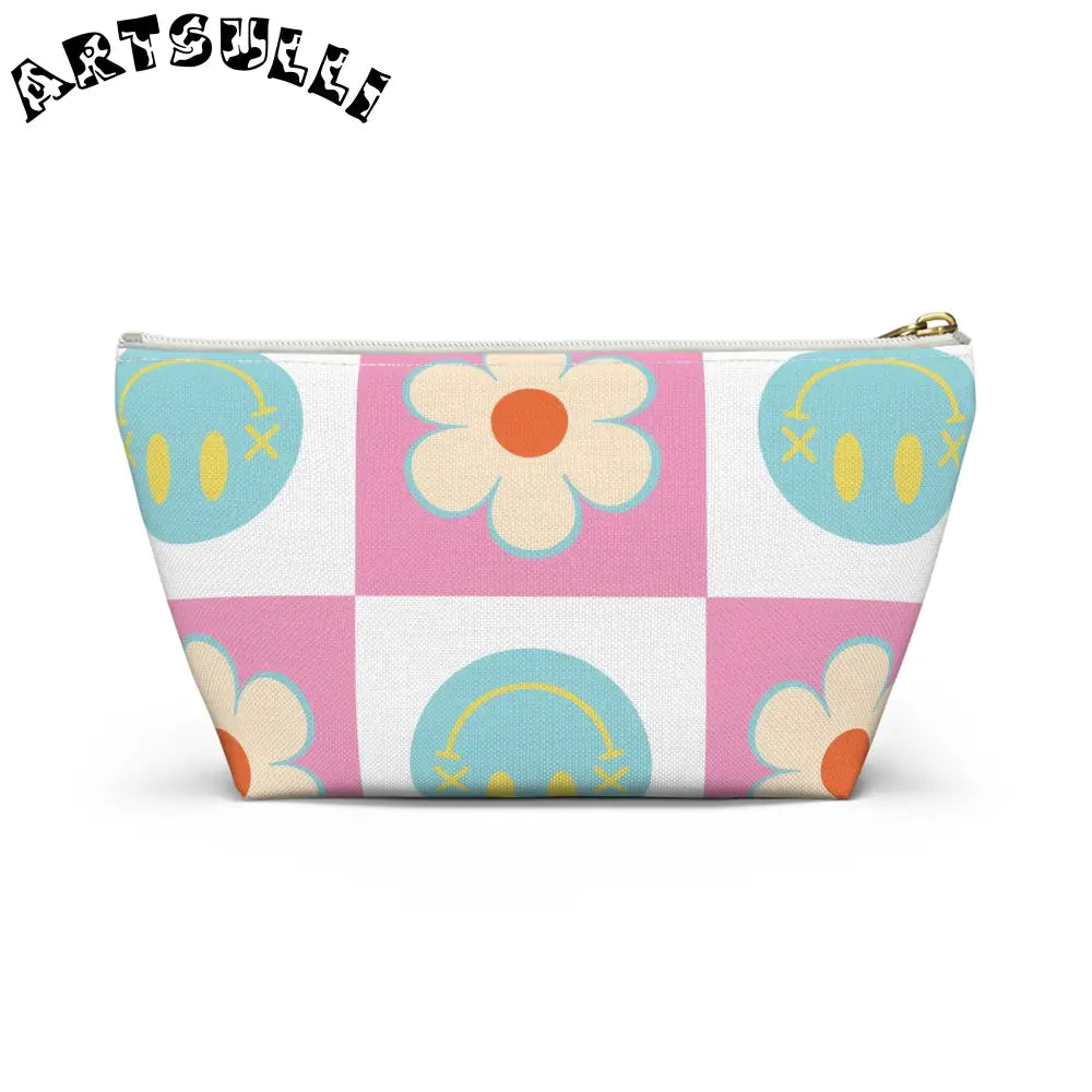 Pink Checkered Smiley Cosmetic Travel Bag, Artsulli - Art is Long, Life is Short, Bags, , , , , , , 