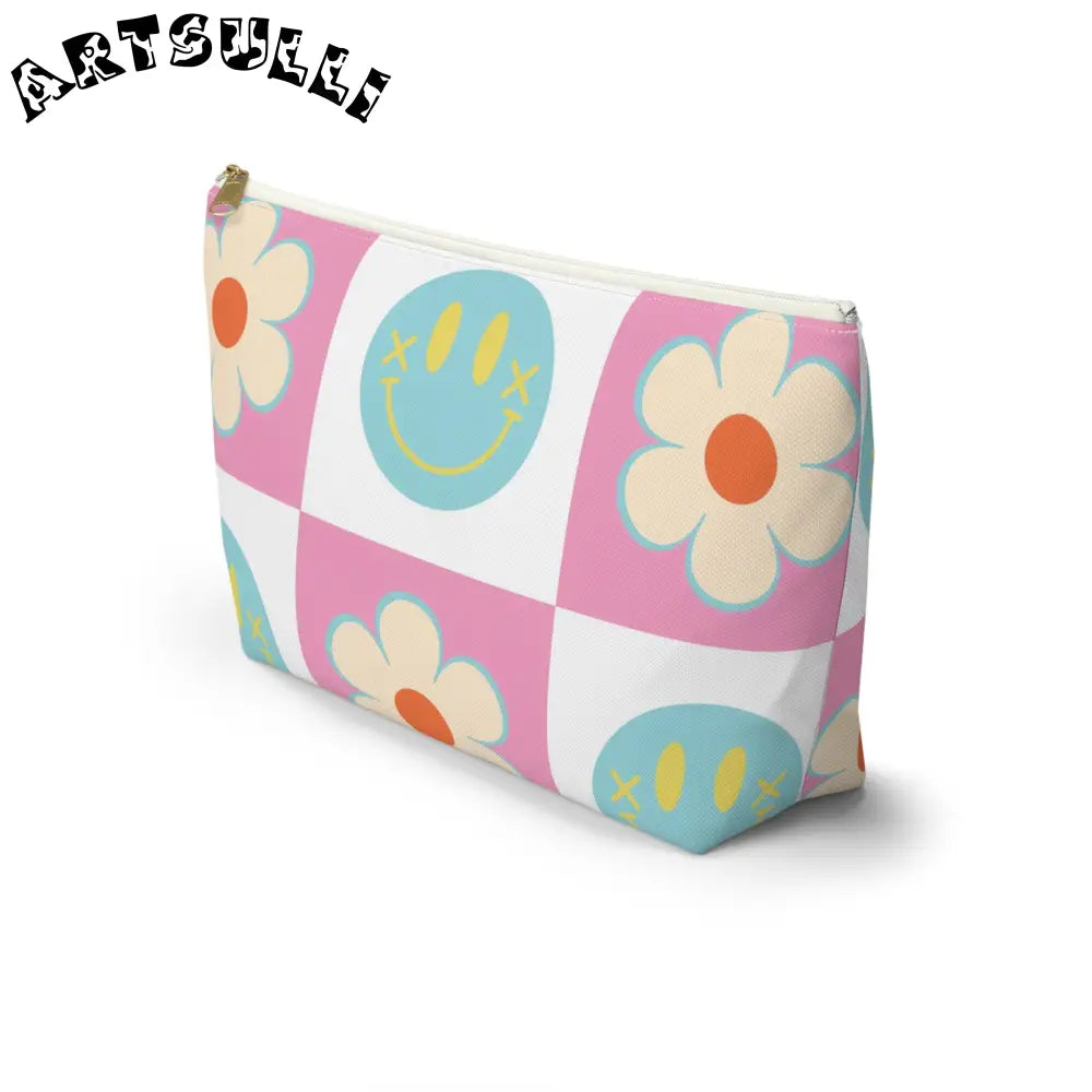 Pink Checkered Smiley Cosmetic Travel Bag, Artsulli - Art is Long, Life is Short, Bags, , , , , , , 