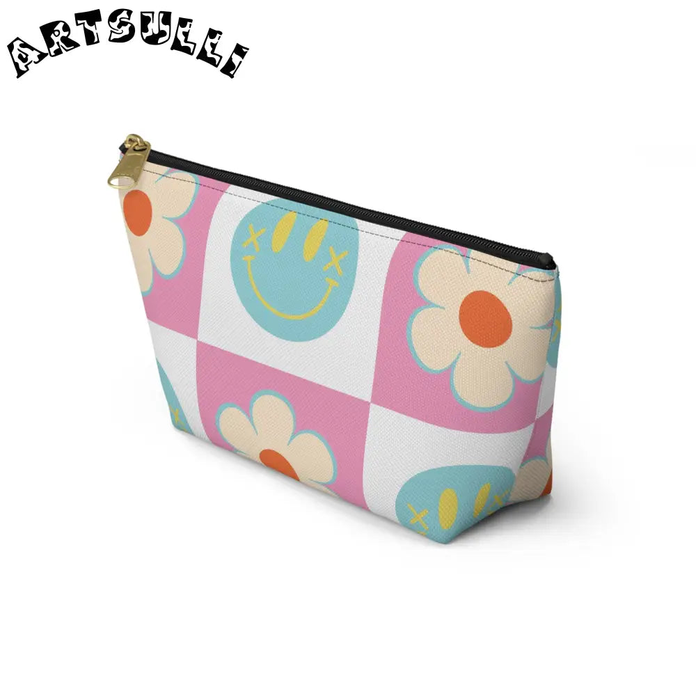 Pink Checkered Smiley Cosmetic Travel Bag, Artsulli - Art is Long, Life is Short, Bags, , , , , , , 