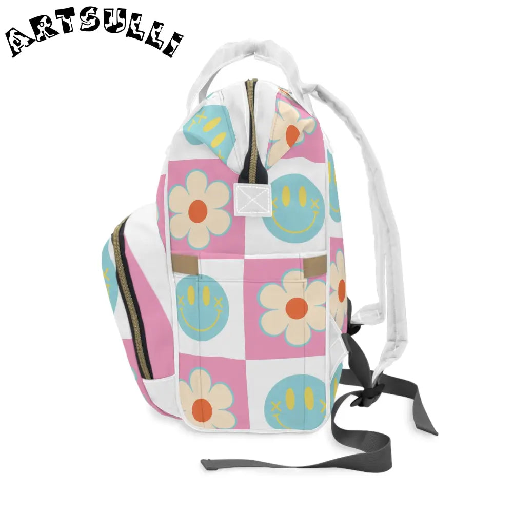 JAKKOUTTHEBXX Pink Checkered Smiley Face Diaper Backpack 2025