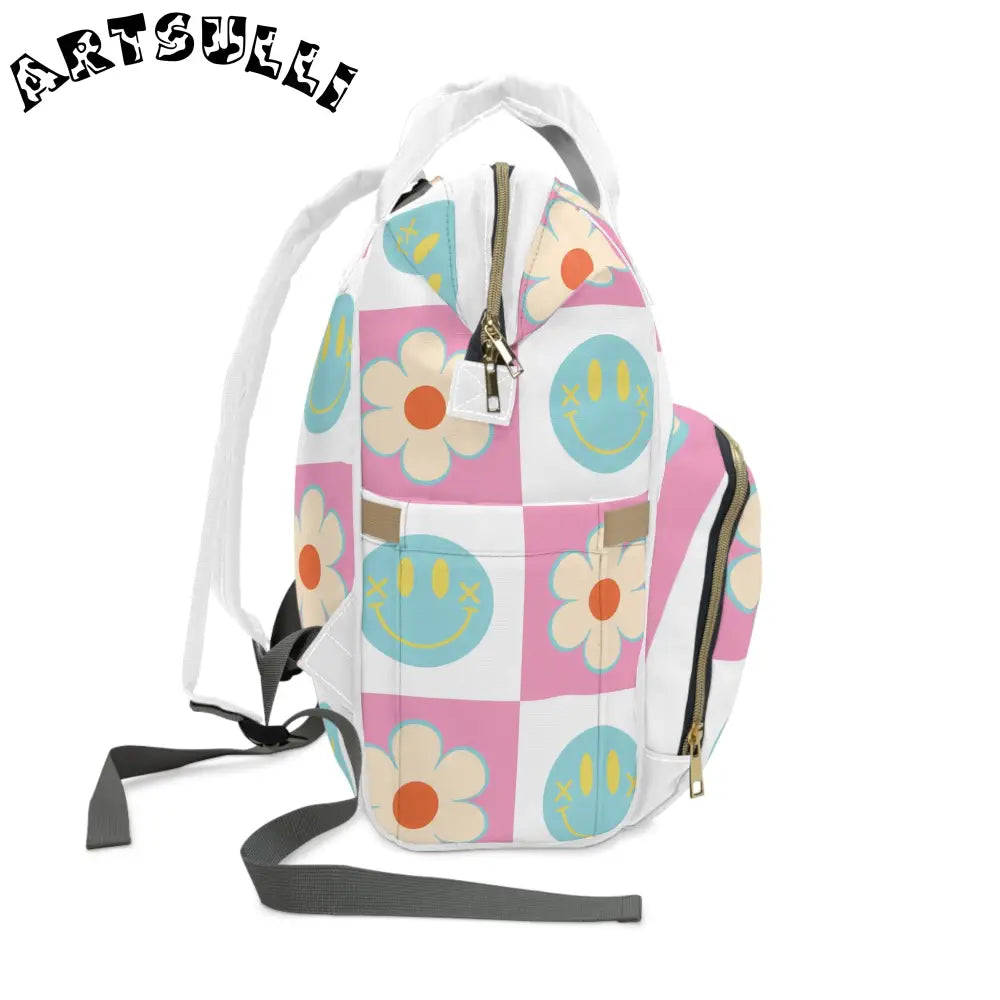 JAKKOUTTHEBXX Pink Checkered Smiley Face Diaper Backpack 2025