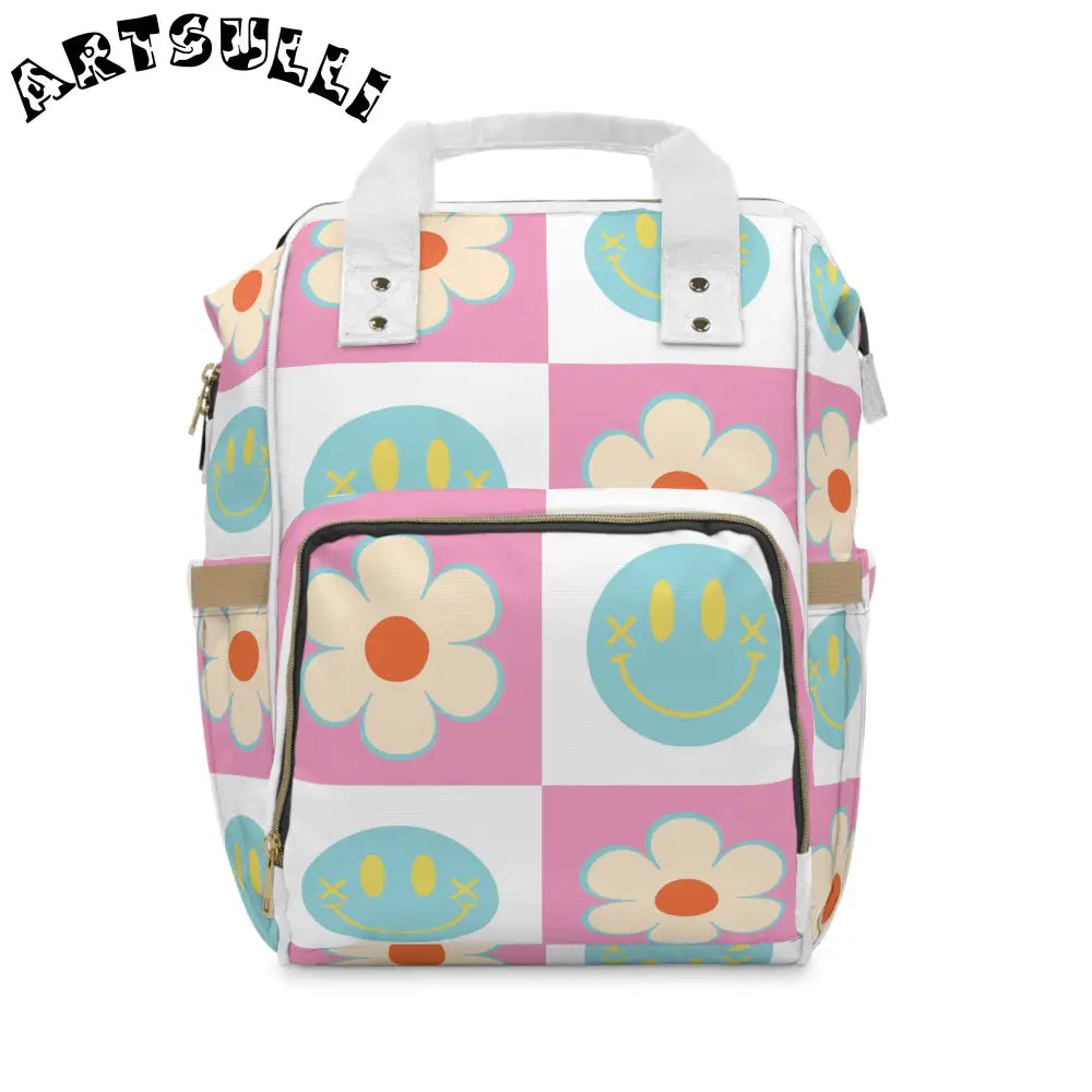 Pink Checkered Smiley Face Diaper Backpack, Artsulli - Art is Long, Life is Short, Bags, Size, 15.0" × 10.8" × 6.7'', , , , , 30050160158978629309