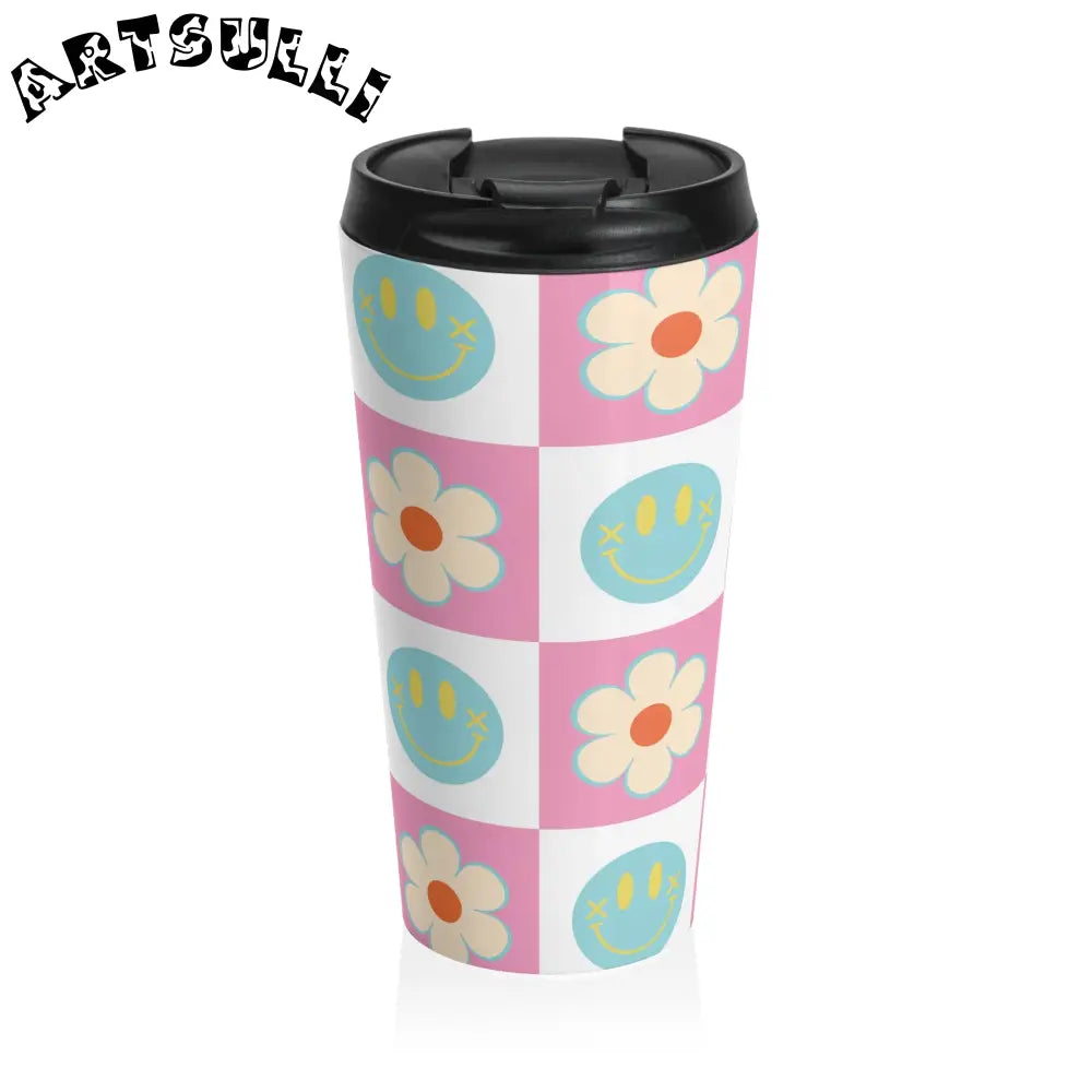 Pink Checkered Smiley Face Stainless Steel Mug, Artsulli - Art is Long, Life is Short, Mug, Size, 15oz, , , , , 14945933119332242139