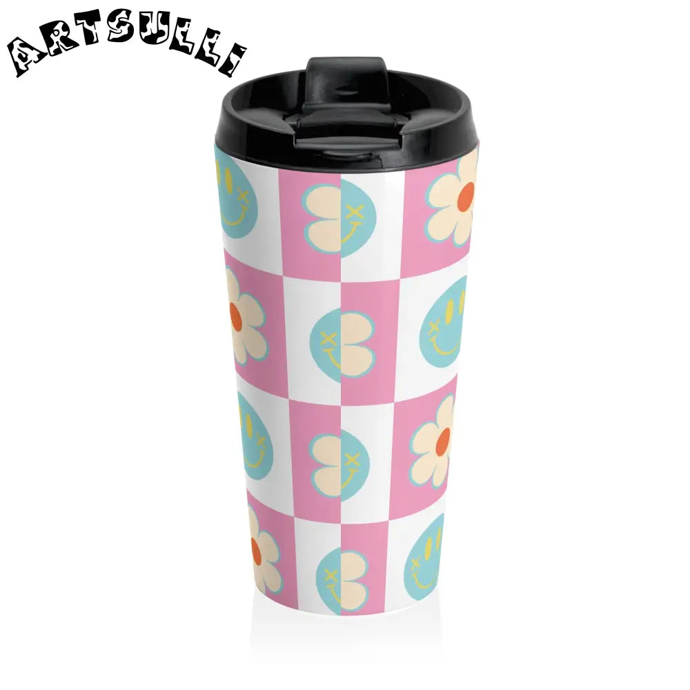 Pink Checkered Smiley Face Stainless Steel Mug, Artsulli - Art is Long, Life is Short, Mug, , , , , , , 