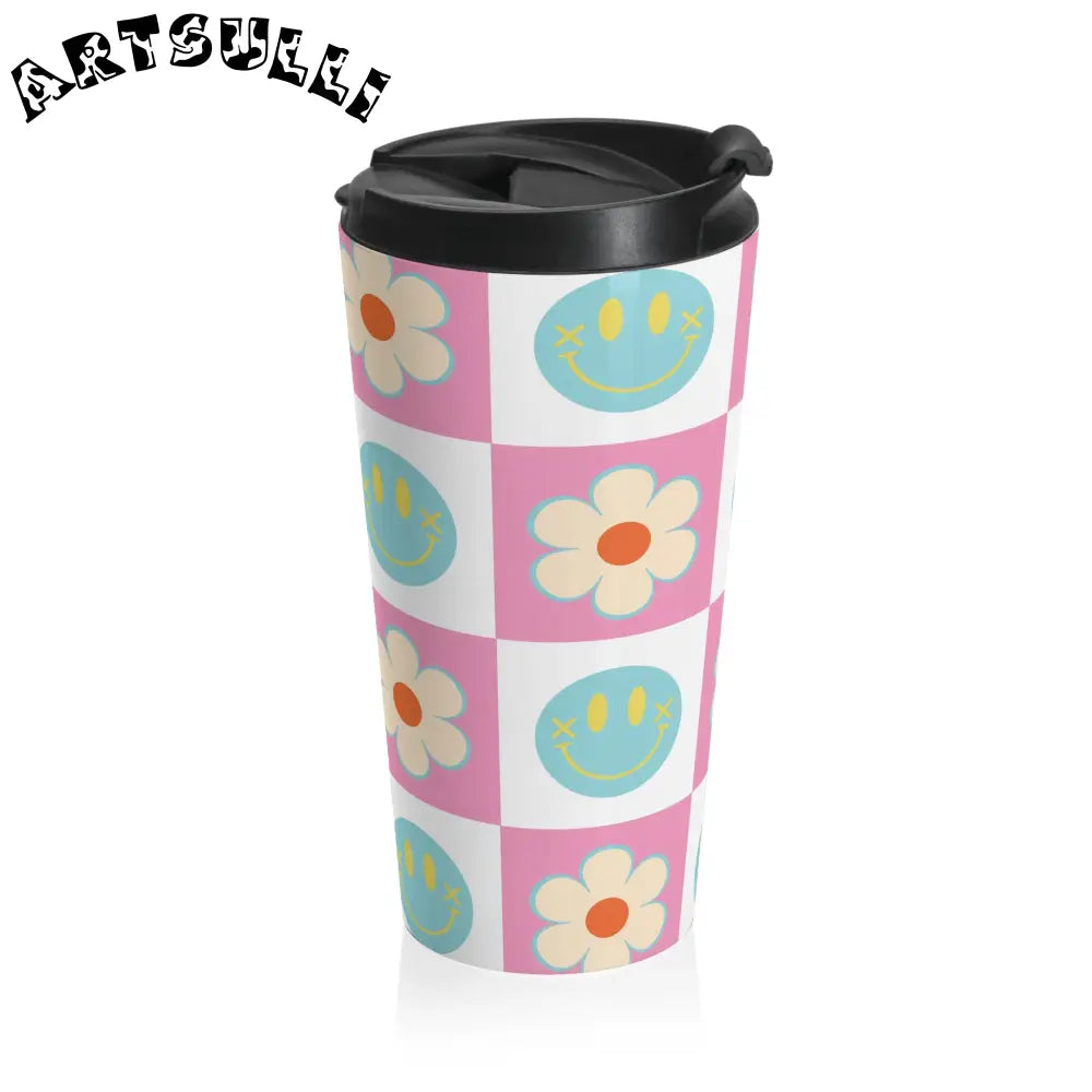 Pink Checkered Smiley Face Stainless Steel Mug, Artsulli - Art is Long, Life is Short, Mug, , , , , , , 