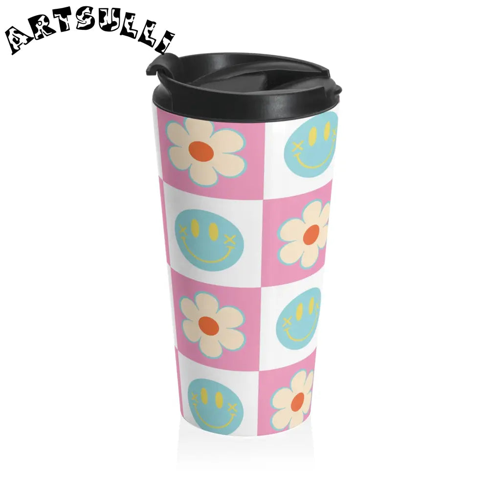 Pink Checkered Smiley Face Stainless Steel Mug, Artsulli - Art is Long, Life is Short, Mug, , , , , , , 