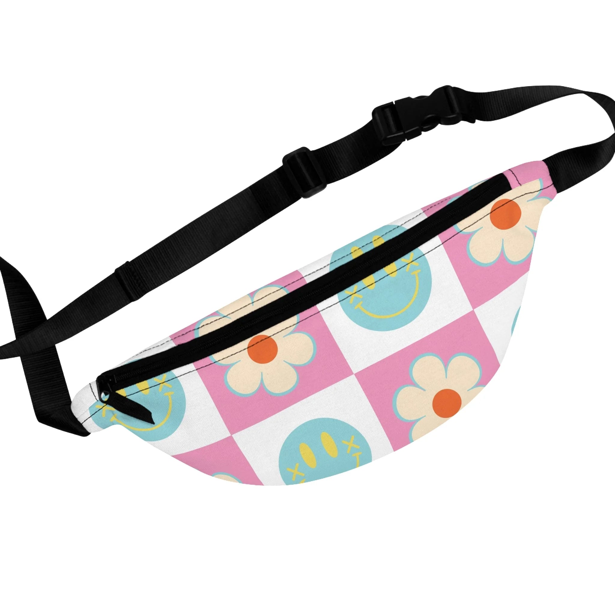 Pink Checkered Smiley Flower Fanny Pack, Artsulli - Art is Long, Life is Short, Bags, Size, One size, , , , , 53890646568031604034