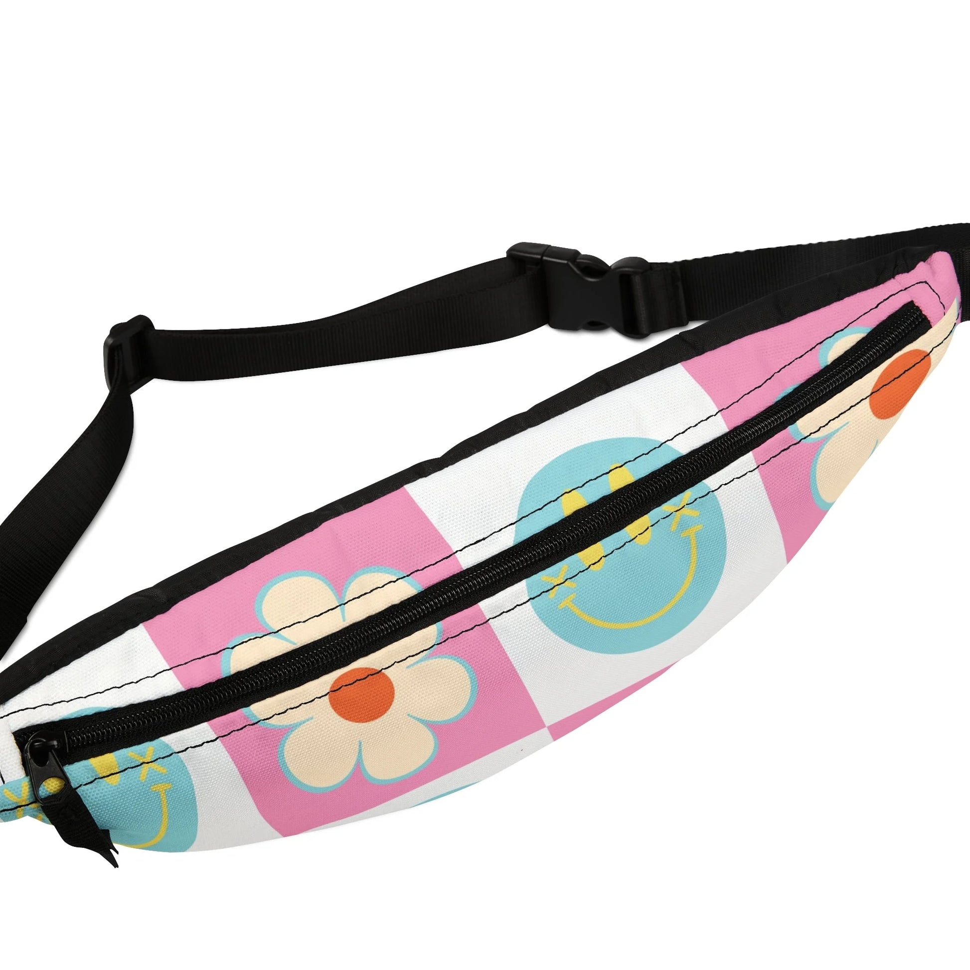 Pink Checkered Smiley Flower Fanny Pack, Artsulli - Art is Long, Life is Short, Bags, , , , , , , 