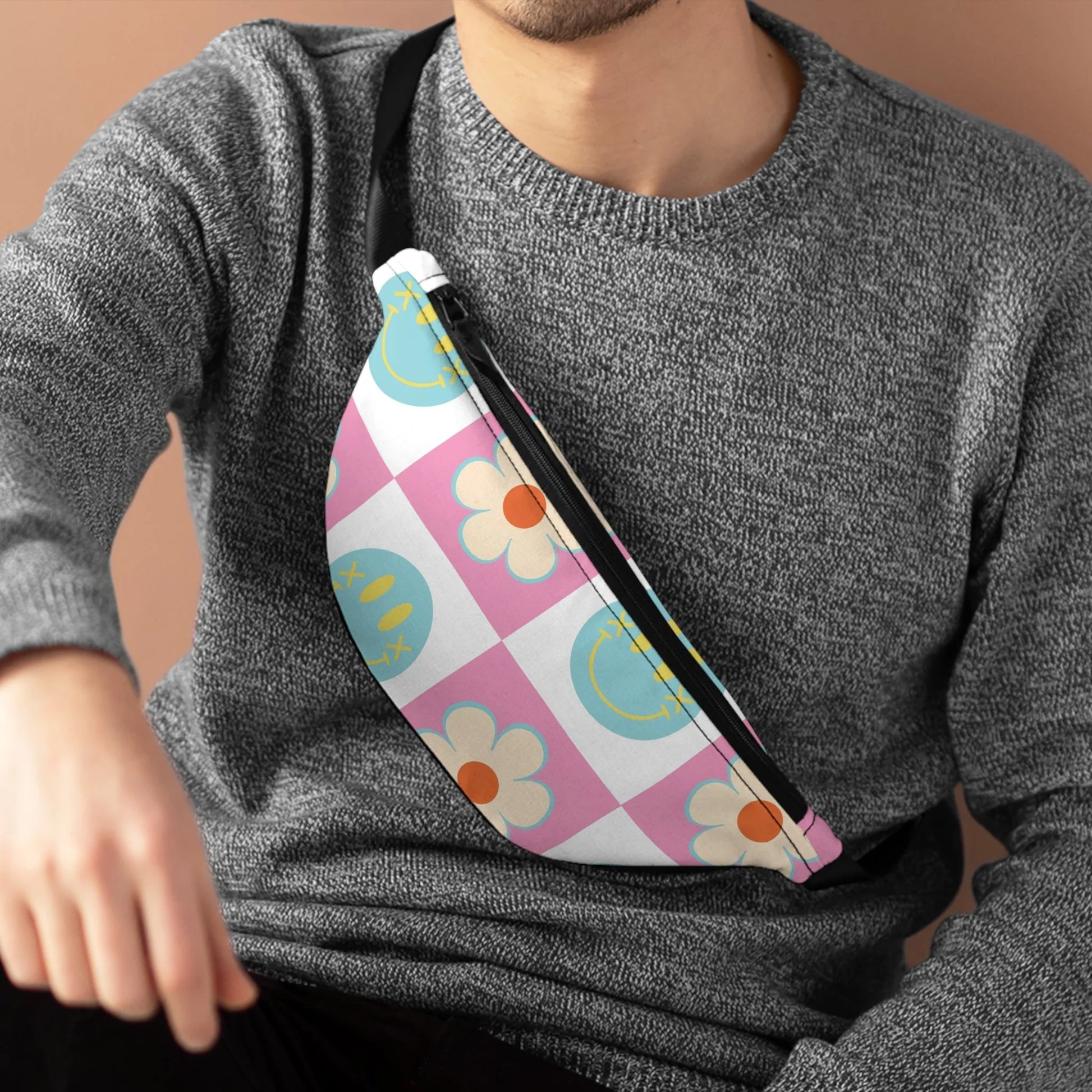 Pink Checkered Smiley Flower Fanny Pack, Artsulli - Art is Long, Life is Short, Bags, , , , , , , 