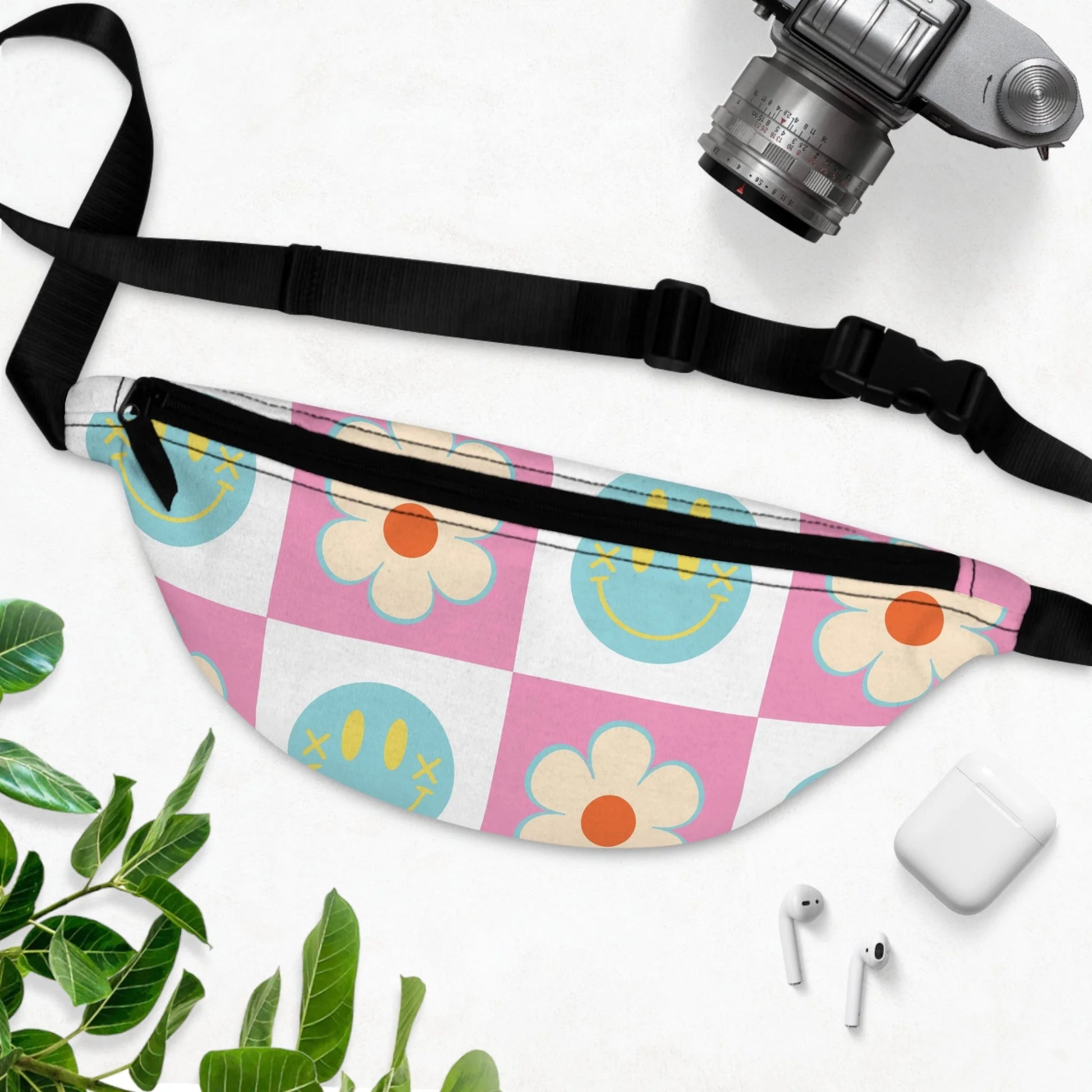 Pink Checkered Smiley Flower Fanny Pack, Artsulli - Art is Long, Life is Short, Bags, , , , , , , 
