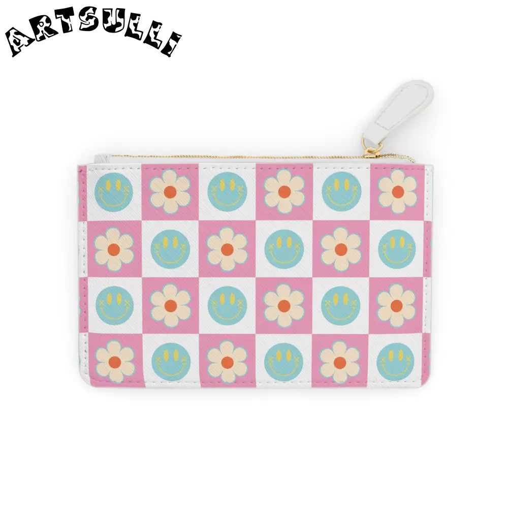 Pink Checkered Smiley Personalized Clutch Bag, Artsulli - Art is Long, Life is Short, Bags, Size, 6.3” x 4”, Color, White, , , 18727367069543789790