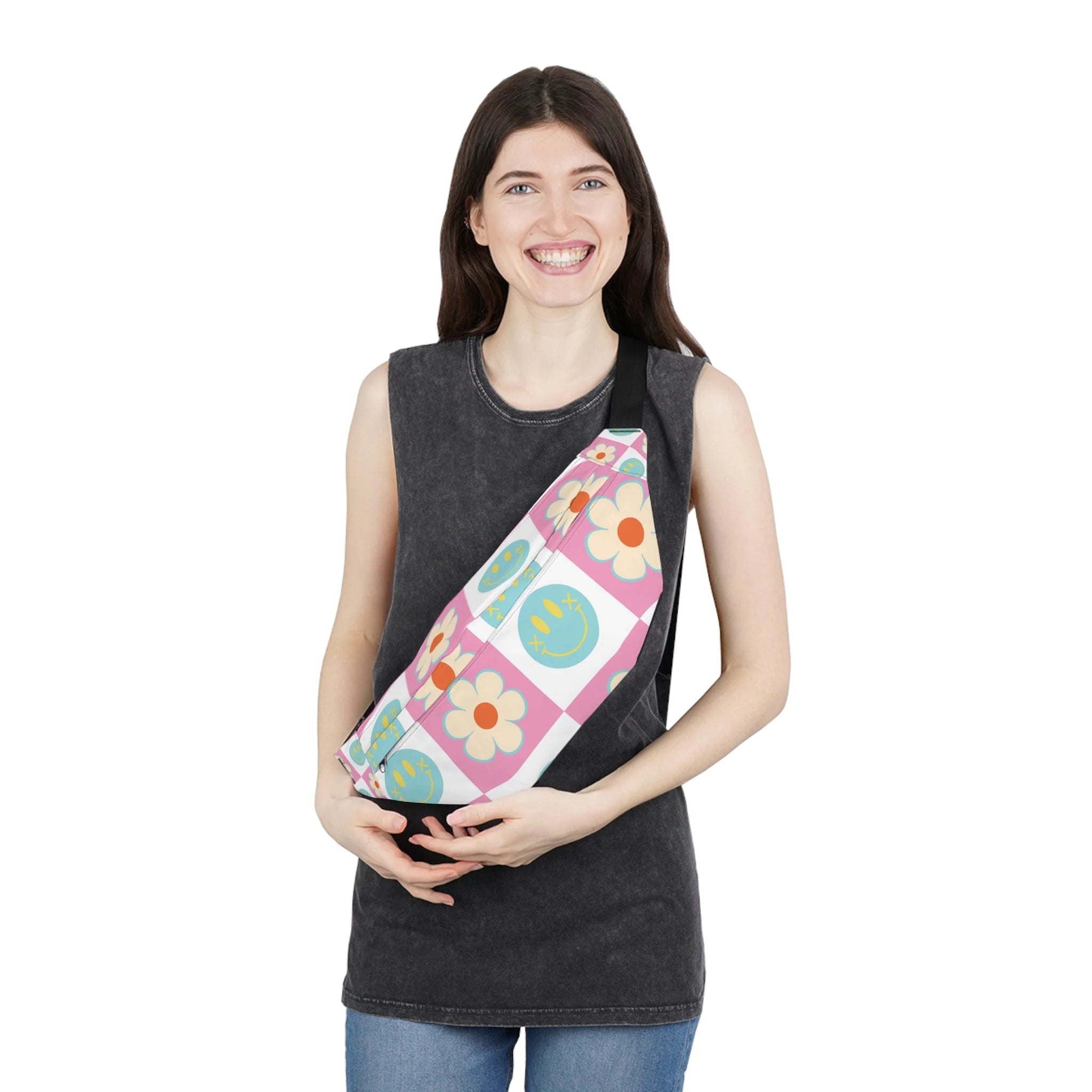 Pink Checkered Smiley Print Fanny Pack, Artsulli - Art is Long, Life is Short, Bags, , , , , , , 