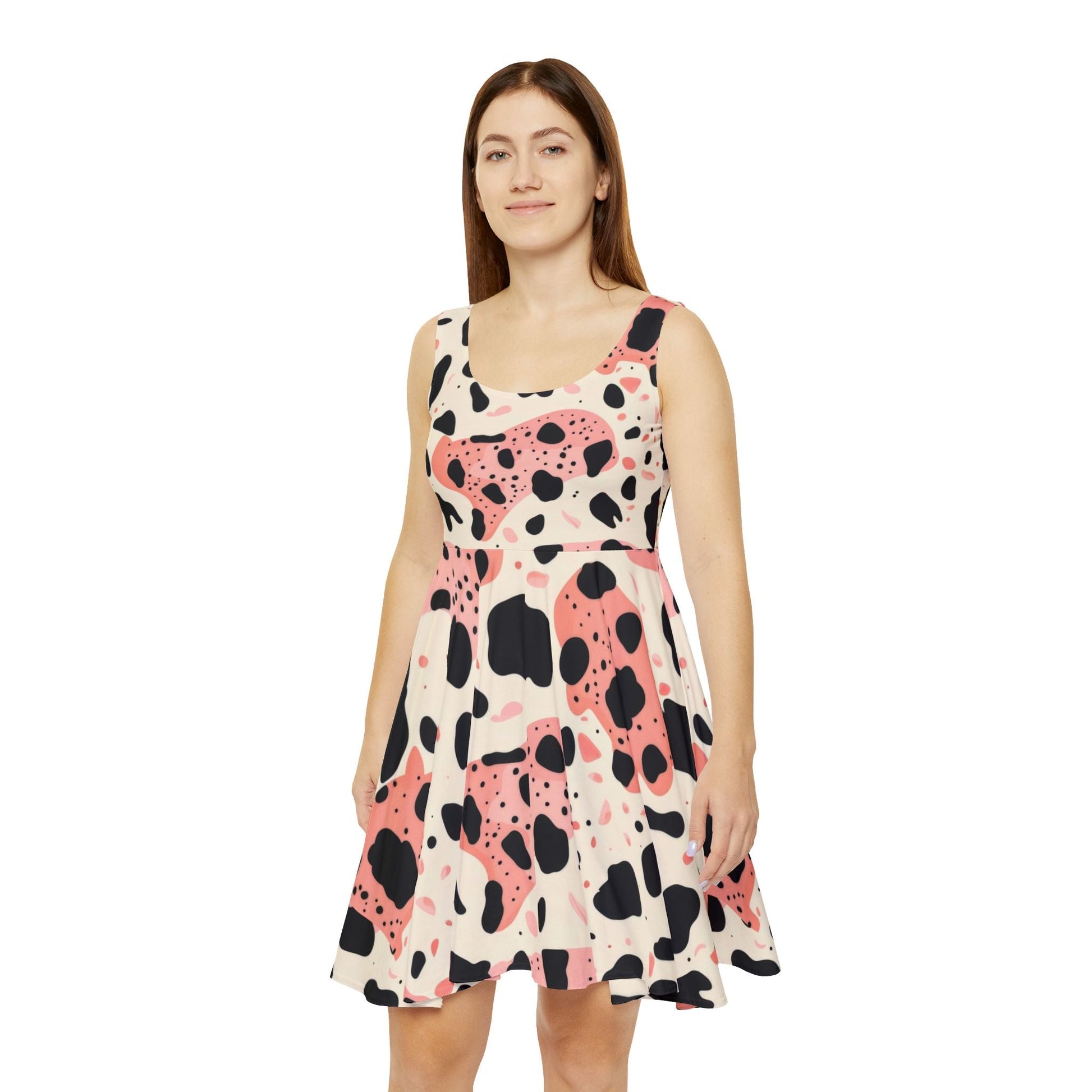 Pink Cow Print Skater Dress, Artsulli - Art is Long, Life is Short, All Over Prints, , , , , , , 