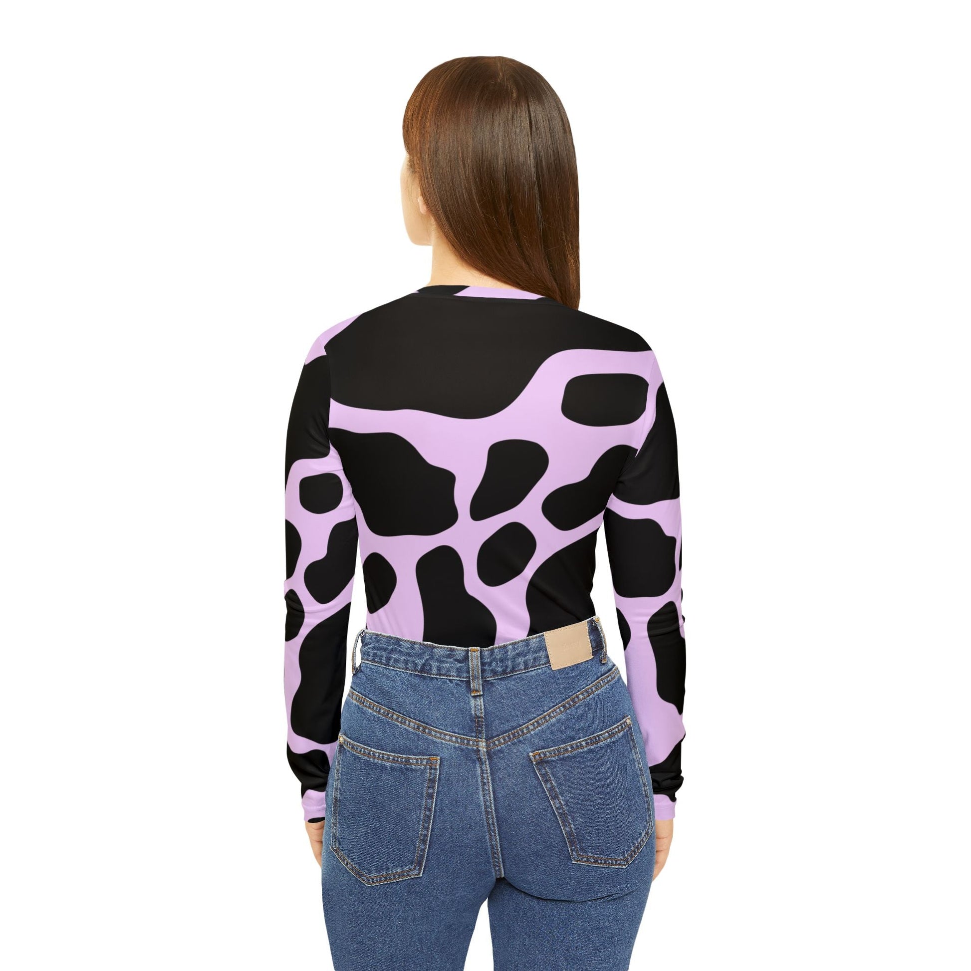 Pink Cow Print V-Neck Long Sleeve Shirt, Artsulli - Art is Long, Life is Short, All Over Prints, , , , , , , 