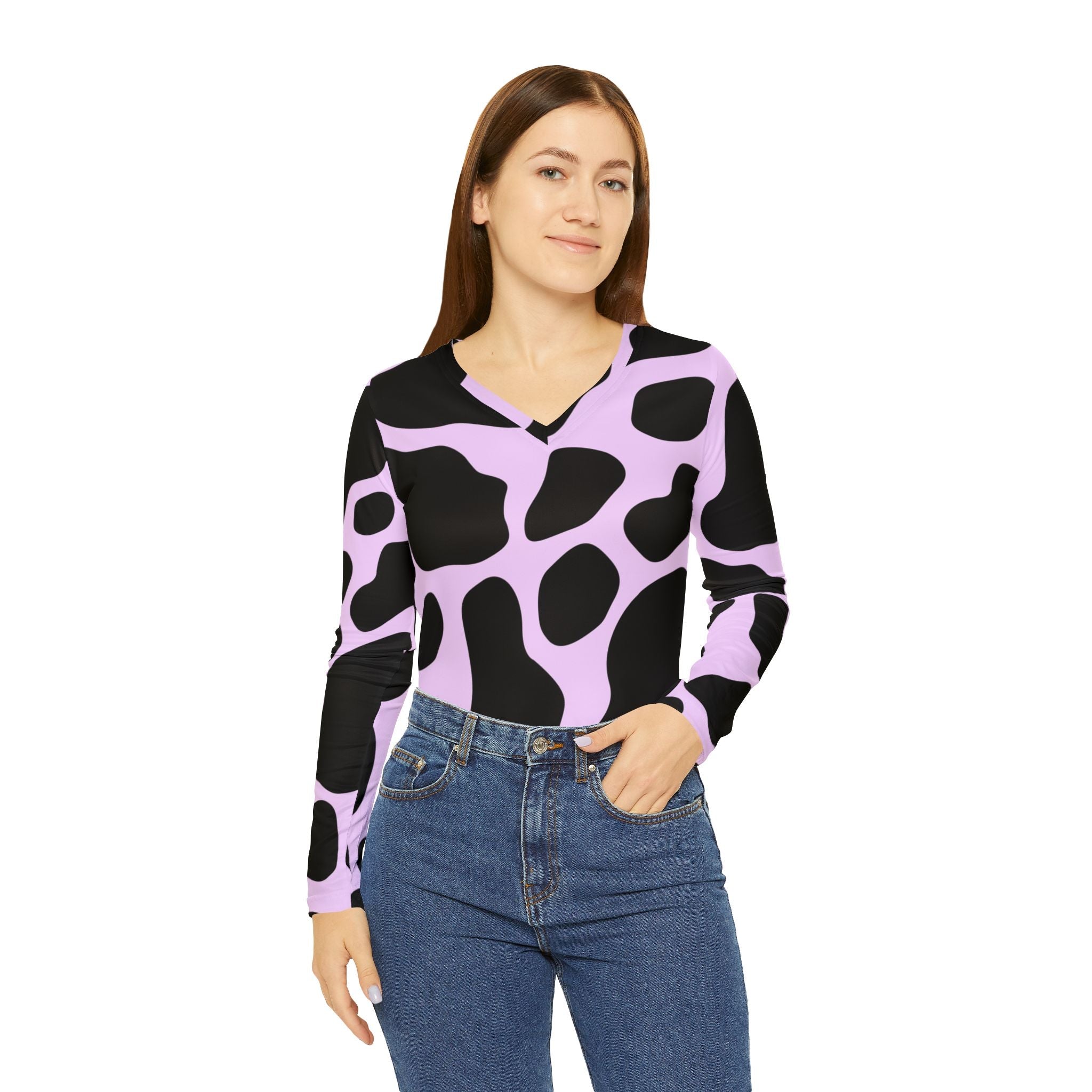 Pink Cow Print V-Neck Long Sleeve Shirt, Artsulli - Art is Long, Life is Short, All Over Prints, , , , , , , 
