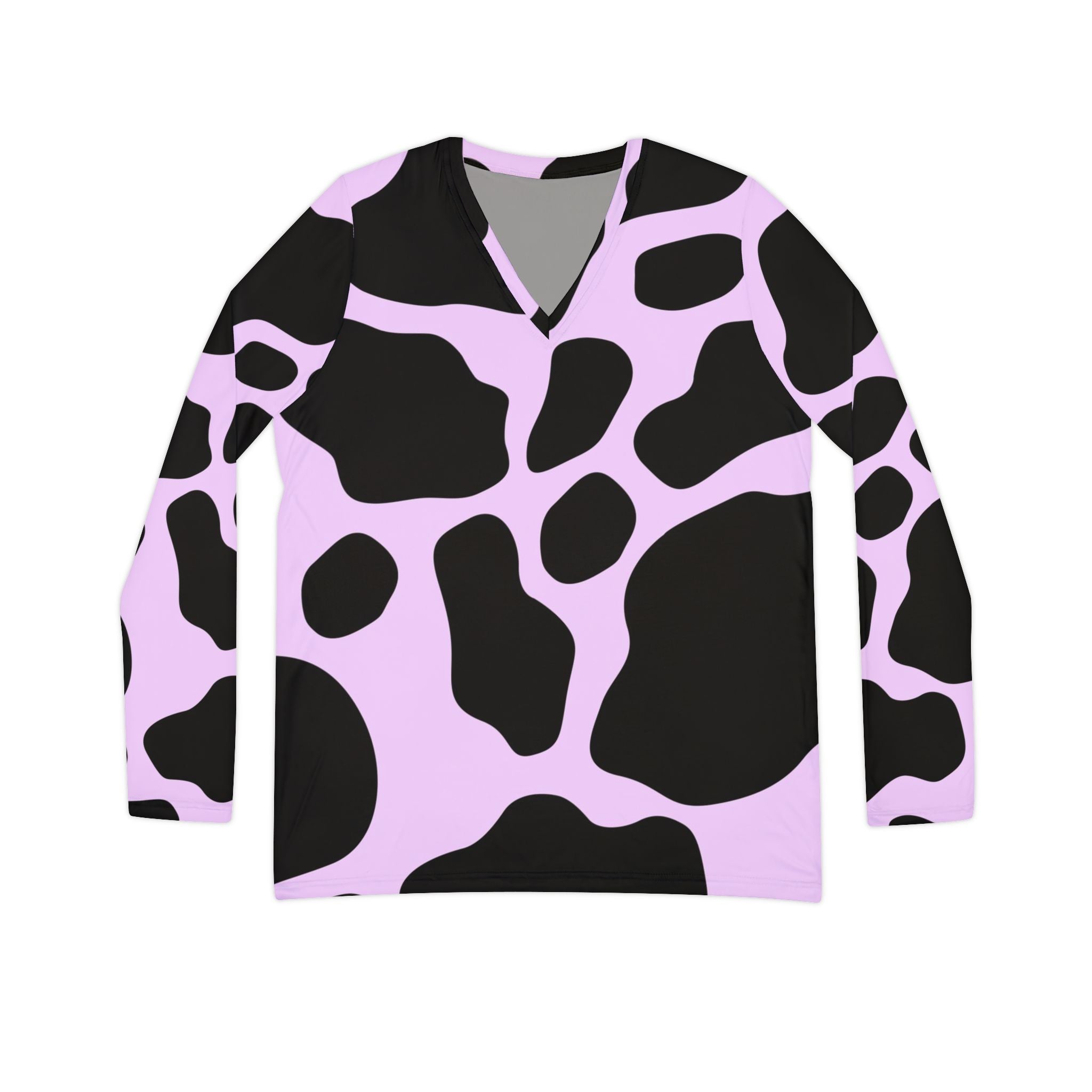 Pink Cow Print V-Neck Long Sleeve Shirt, Artsulli - Art is Long, Life is Short, All Over Prints, Size, XS, , , , , 19698293013411959415