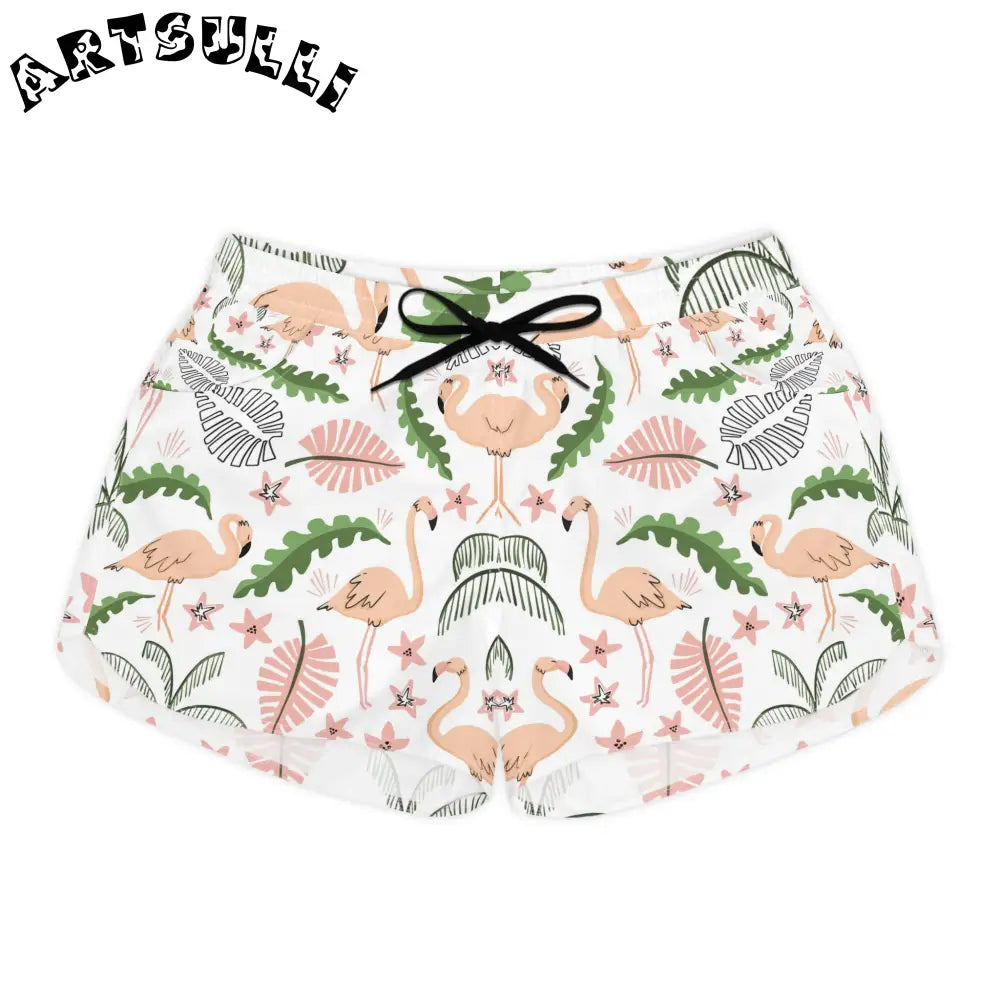 Pink Flamingo Leaf Print Casual Shorts, Artsulli - Art is Long, Life is Short, All Over Prints, Size, S, Color, Black drawstring, , , 12656042973926899281