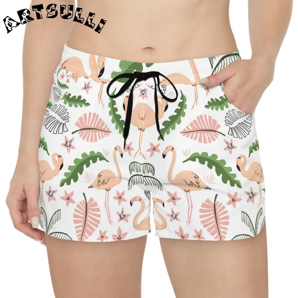 Pink Flamingo Leaf Print Casual Shorts, Artsulli - Art is Long, Life is Short, All Over Prints, , , , , , , 