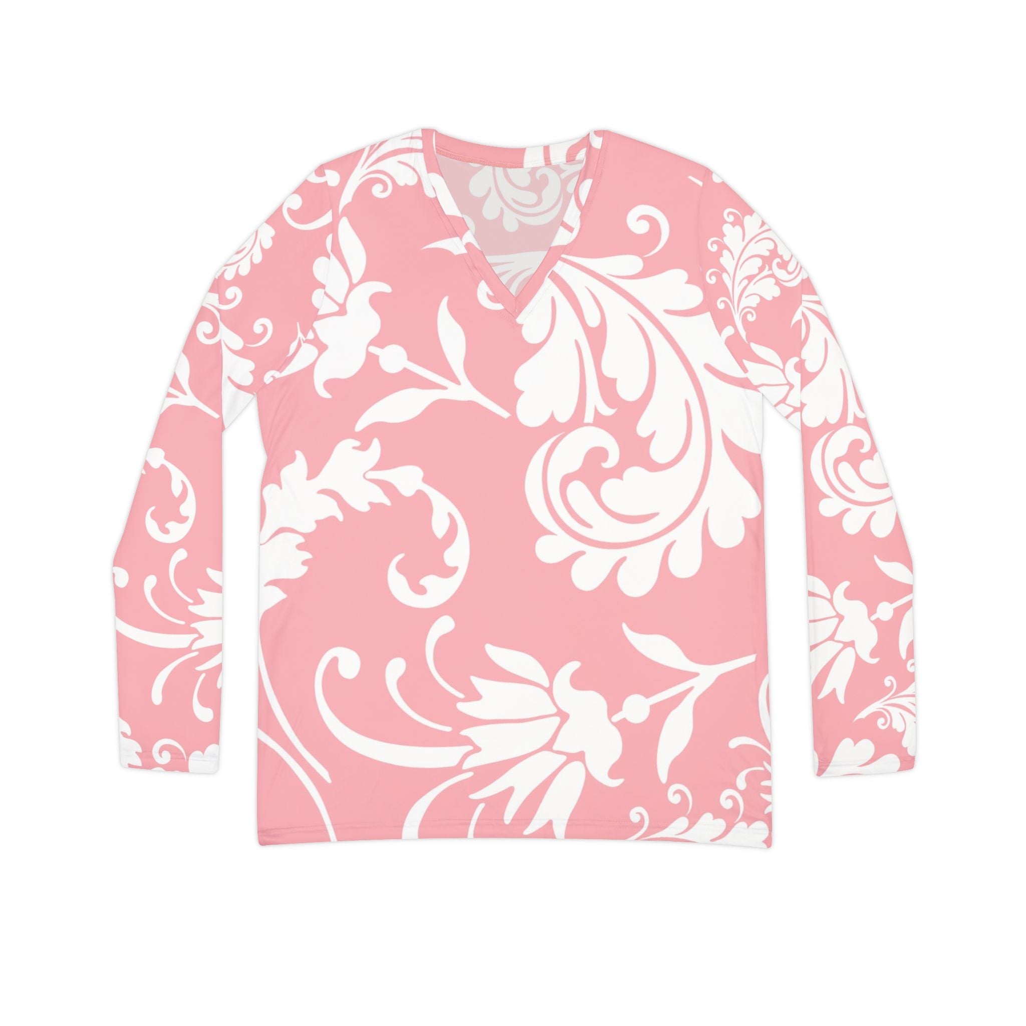 Pink Floral Long Sleeve V-Neck Top, Artsulli - Art is Long, Life is Short, All Over Prints, Size, XS, , , , , 21496390911856779968