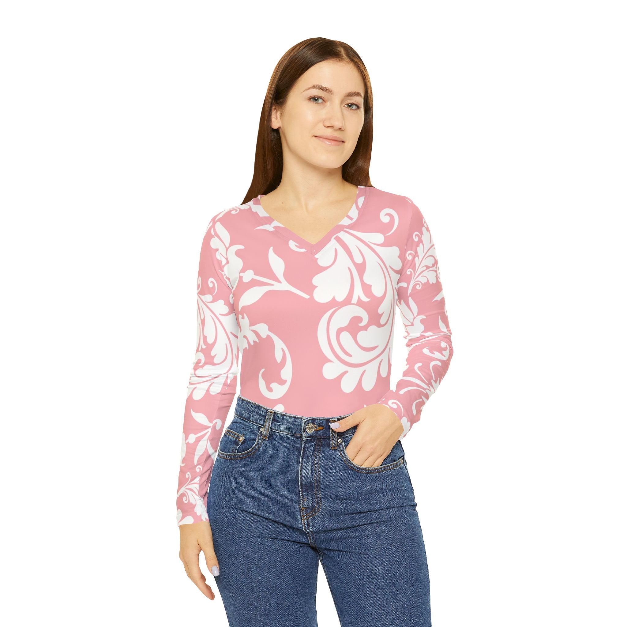 Pink Floral Long Sleeve V-Neck Top, Artsulli - Art is Long, Life is Short, All Over Prints, , , , , , , 