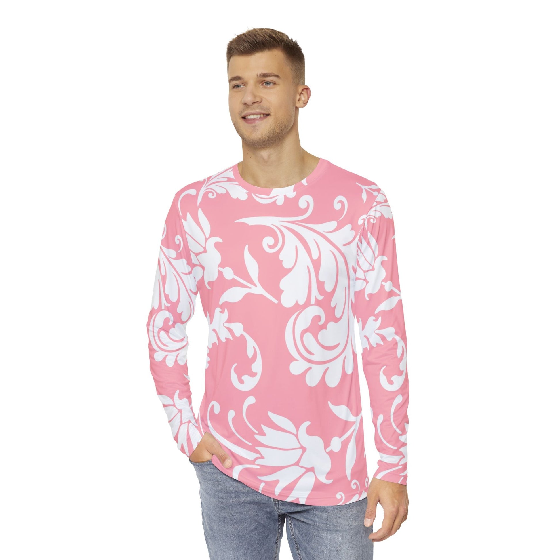 Pink Floral Scroll Long Sleeve Shirt, Artsulli - Art is Long, Life is Short, All Over Prints, , , , , , , 