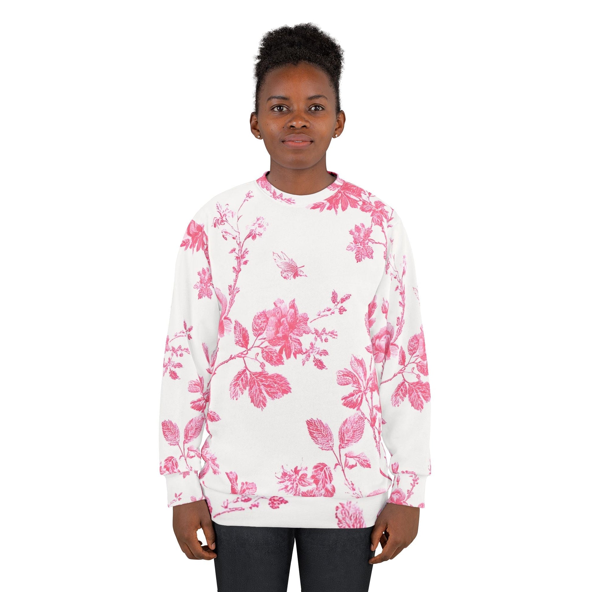 Pink Floral Toile Crewneck Sweatshirt, Artsulli - Art is Long, Life is Short, All Over Prints, , , , , , , 