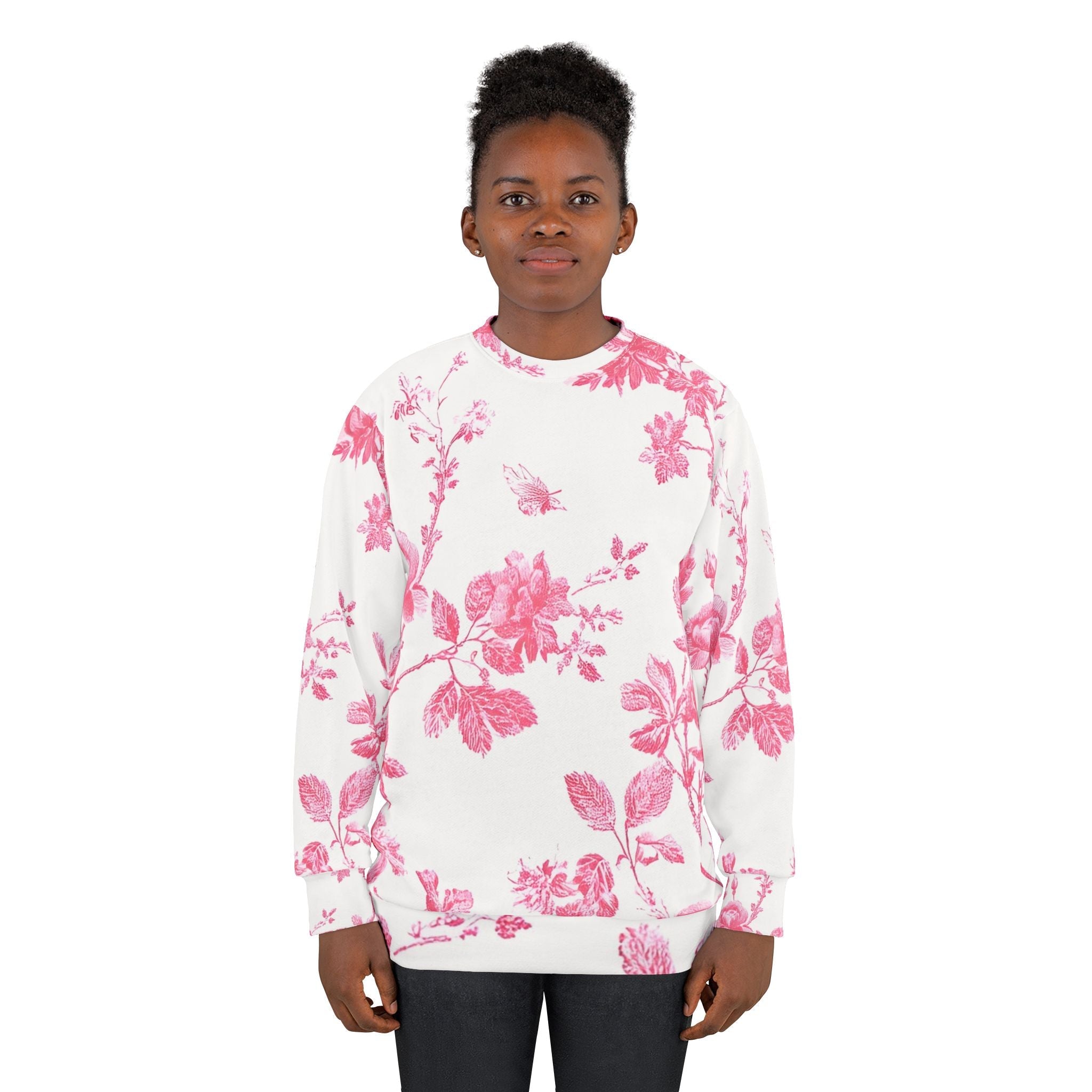Pink Floral Toile Crewneck Sweatshirt, Artsulli - Art is Long, Life is Short, All Over Prints, , , , , , , 