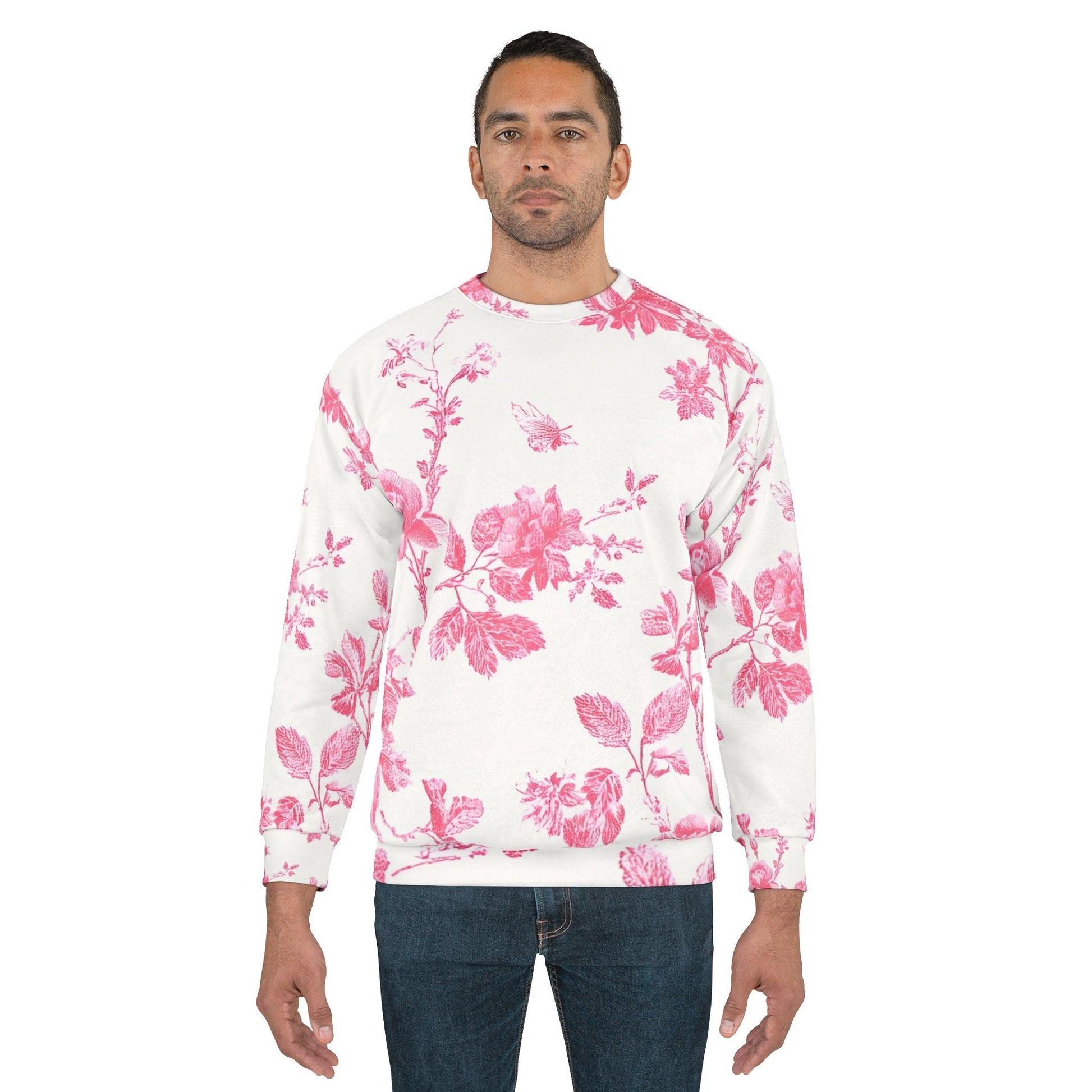 Pink Floral Toile Crewneck Sweatshirt, Artsulli - Art is Long, Life is Short, All Over Prints, , , , , , , 