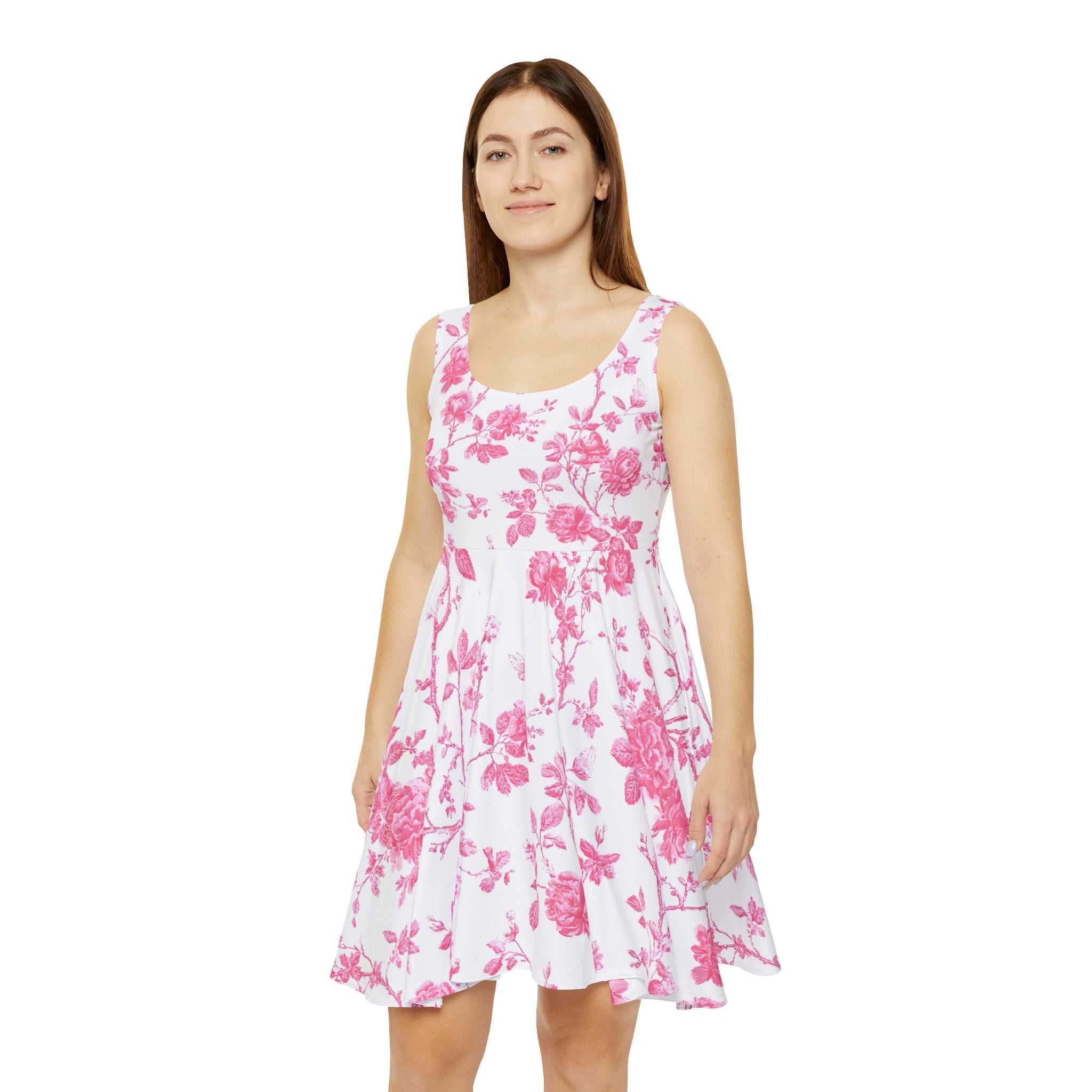 Pink Floral Toile Skater Dress, Artsulli - Art is Long, Life is Short, All Over Prints, , , , , , , 