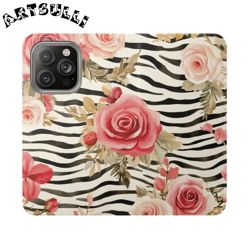 Pink Floral Zebra Print Flip Case, Artsulli - Art is Long, Life is Short, Phone Case, Size, iPhone 14 Pro, , , , , 29703521359791929499