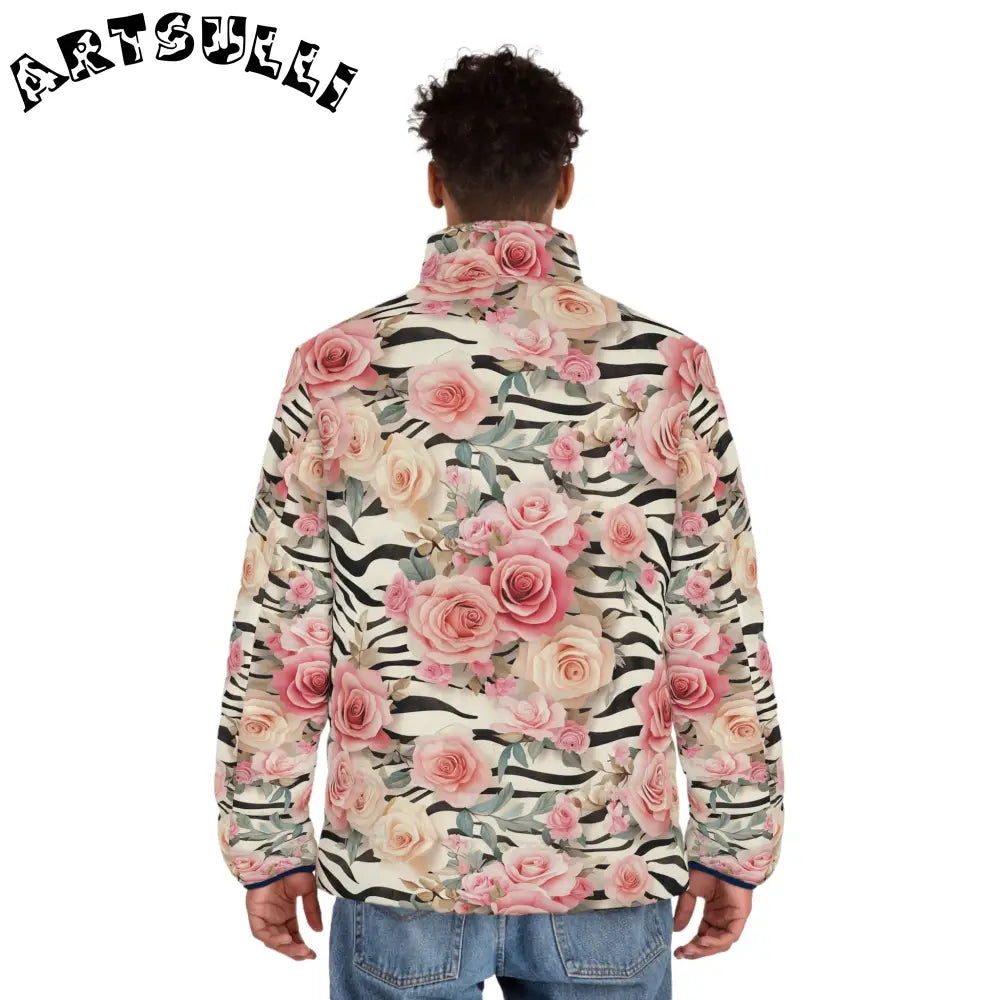 Pink Floral Zebra Print Puffer Jacket, Artsulli - Art is Long, Life is Short, All Over Prints, , , , , , , 