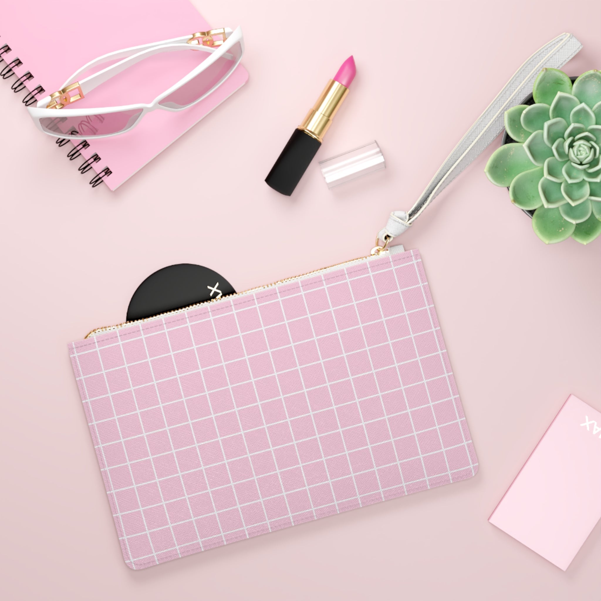 JAKKOUTTHEBXX Pink Grid Clutch Bag with Wrist Strap 2025