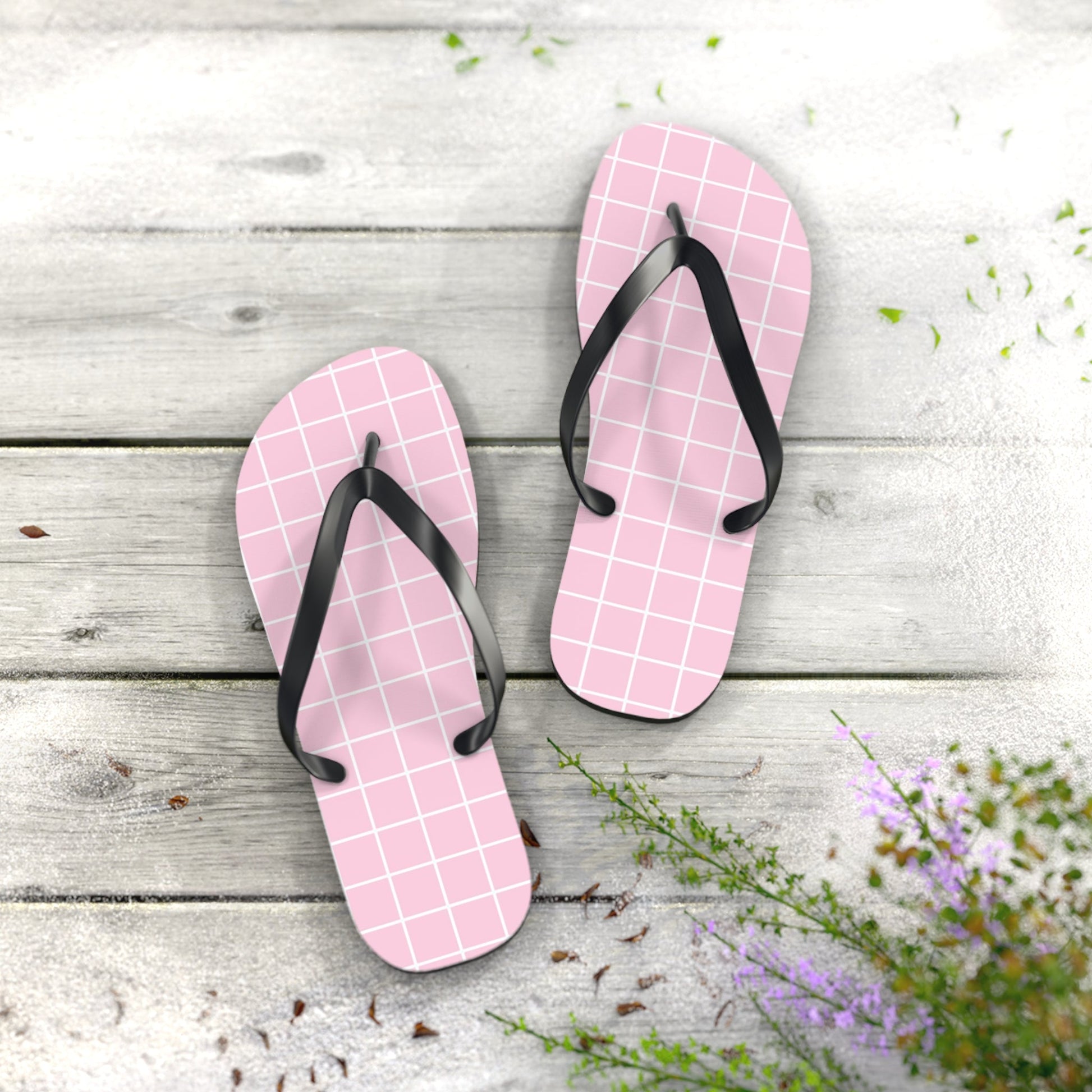 JAKKOUTTHEBXX Pink Grid Pattern Flip Flops 2025