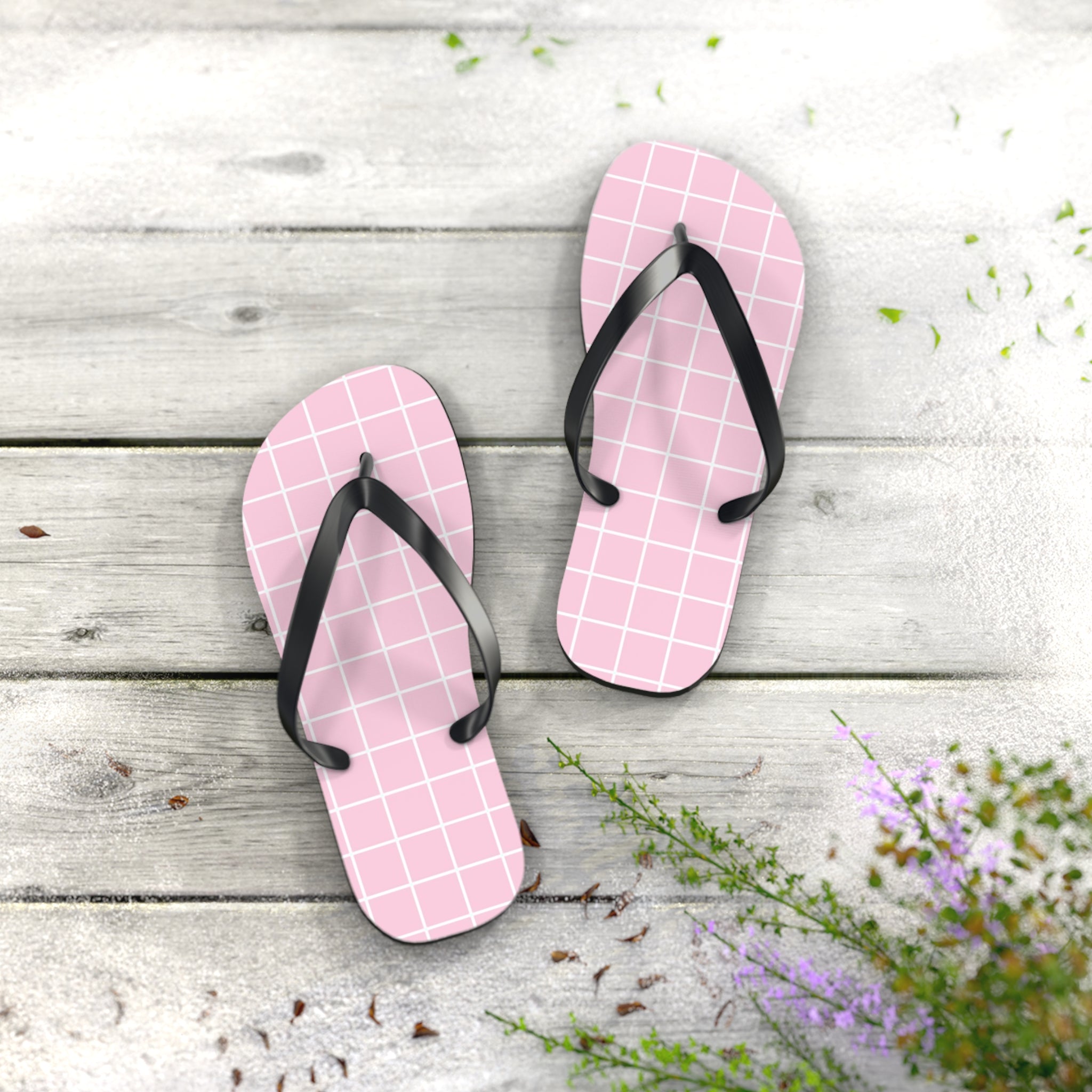 JAKKOUTTHEBXX Pink Grid Pattern Flip Flops 2025