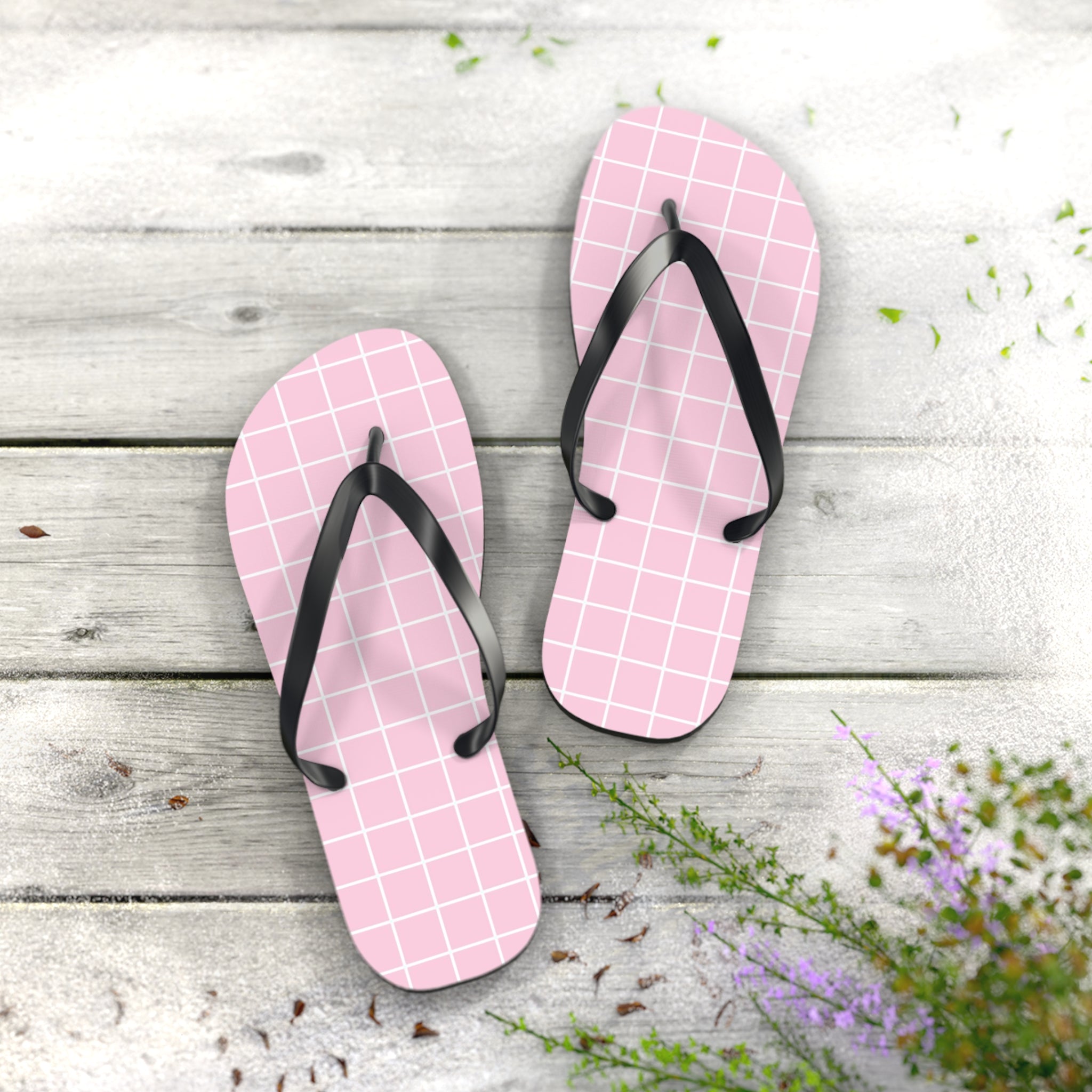 JAKKOUTTHEBXX Pink Grid Pattern Flip Flops 2025