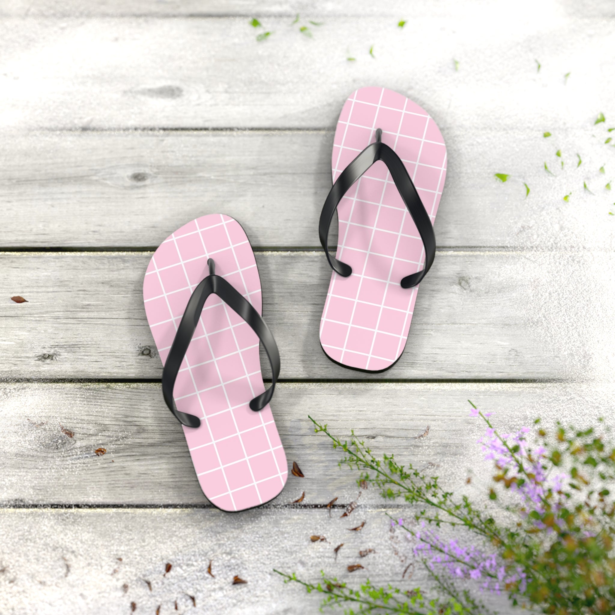 JAKKOUTTHEBXX Pink Grid Pattern Flip Flops 2025