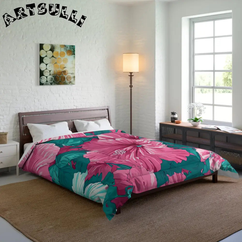 Pink Hibiscus Comforter Displays Cold Days Warmth, Artsulli - Art is Long, Life is Short, Home Decor, , , , , , , 