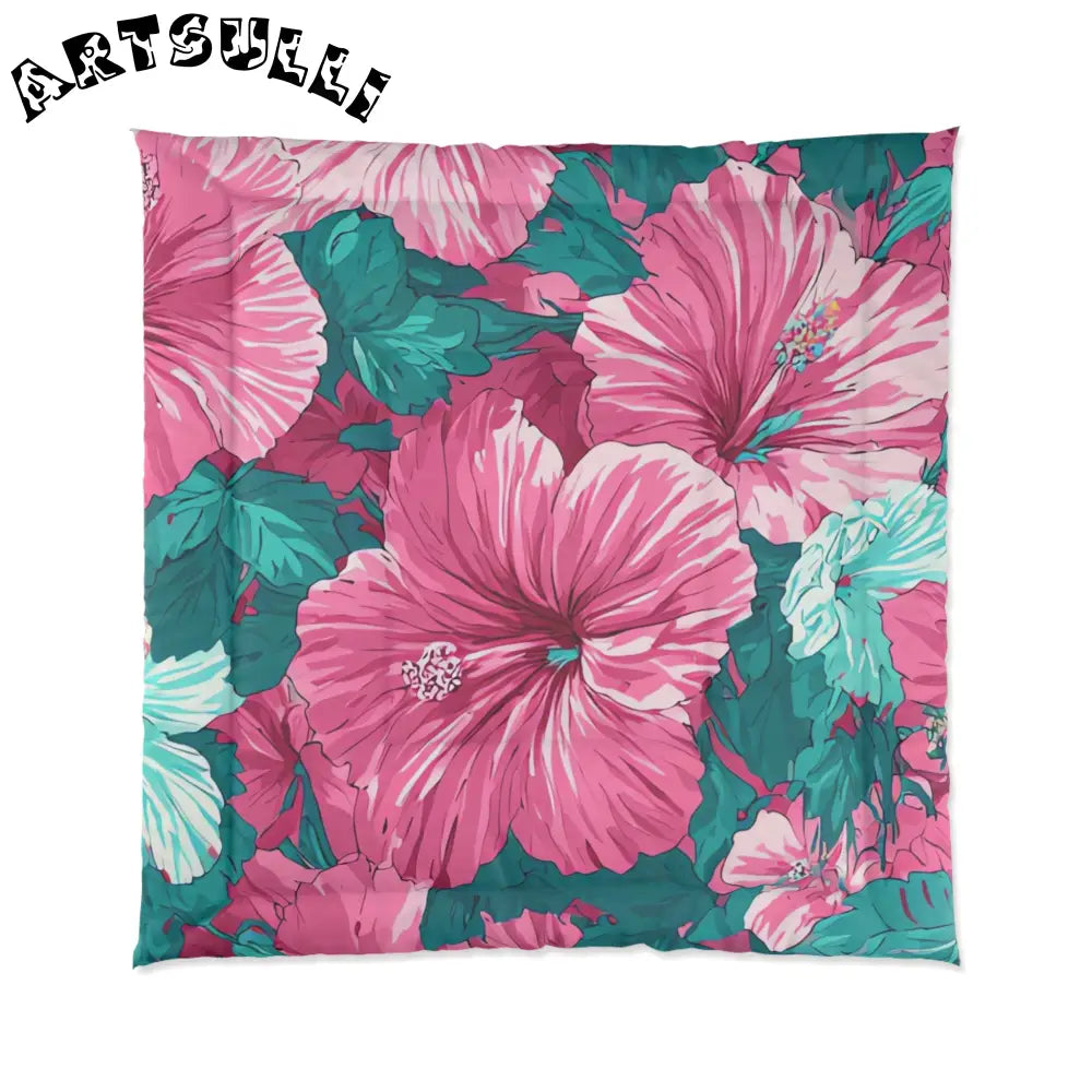 Pink Hibiscus Comforter Displays Cold Days Warmth, Artsulli - Art is Long, Life is Short, Home Decor, Size, 88" × 88", , , , , 11125128957623978050