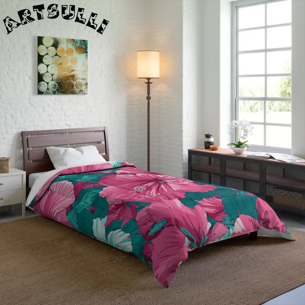Pink Hibiscus Comforter Displays Cold Days Warmth, Artsulli - Art is Long, Life is Short, Home Decor, , , , , , , 