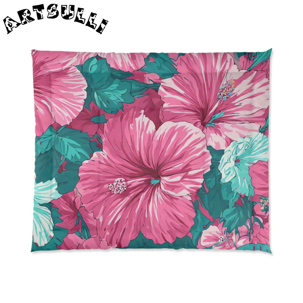 Pink Hibiscus Comforter Displays Cold Days Warmth, Artsulli - Art is Long, Life is Short, Home Decor, Size, 104" × 88", , , , , 15193550376471561871