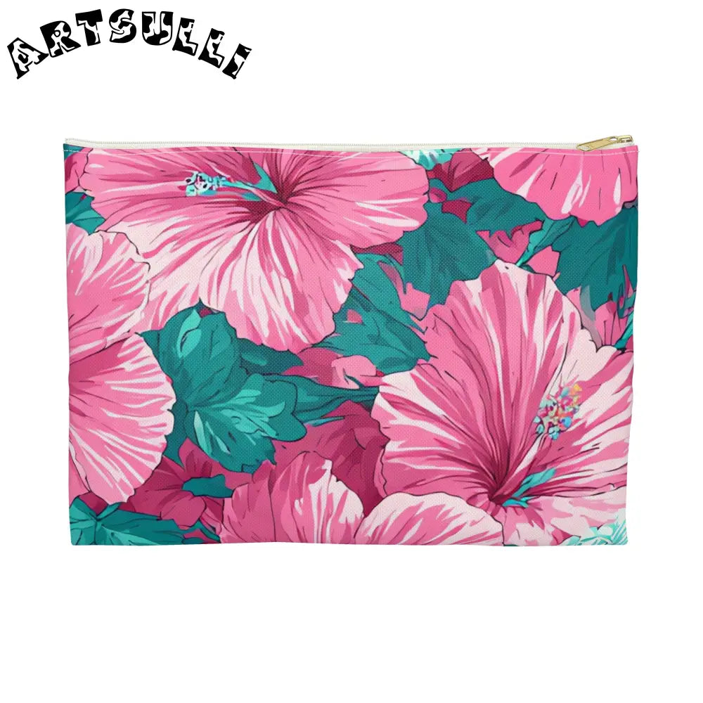 Pink Hibiscus Floral Aloha Accessory Pouch, Artsulli - Art is Long, Life is Short, Bags, Size, Large, Color, White zipper, , , 10477156833185266650