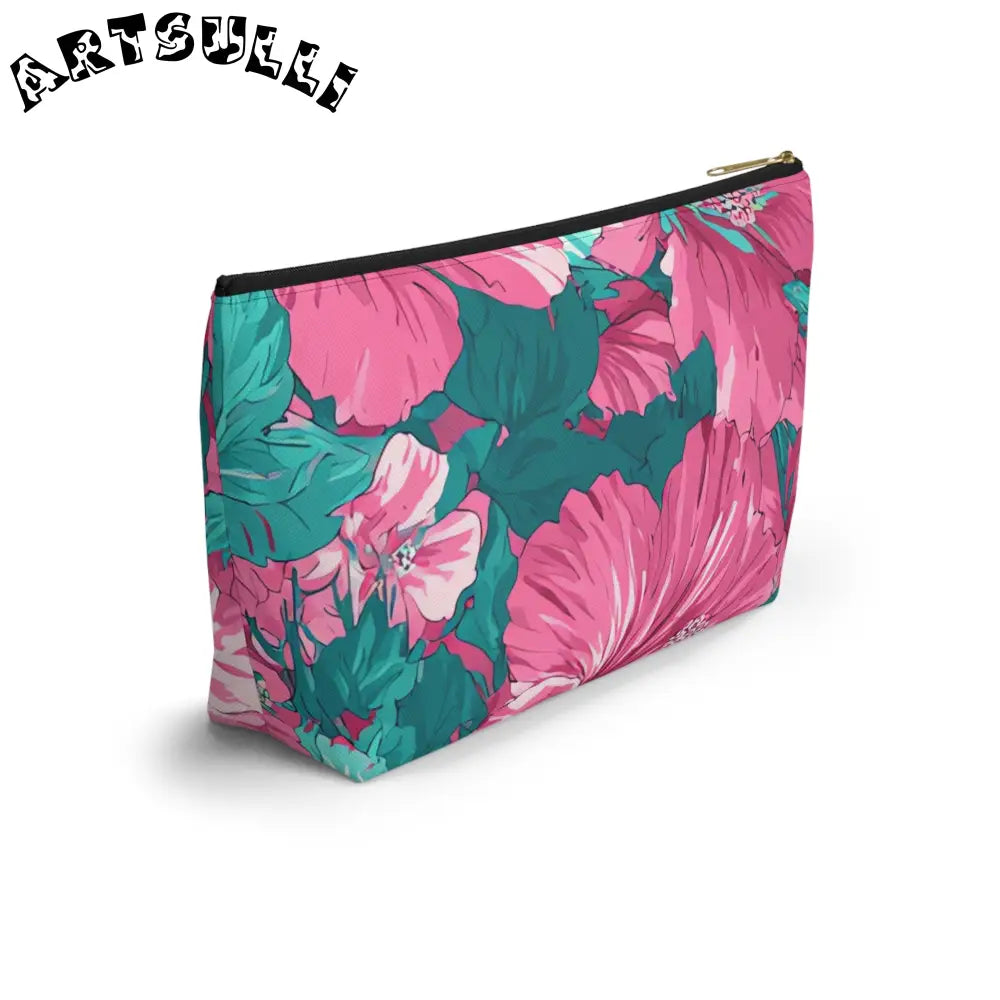 Pink Hibiscus Floral T-Bottom Pouch, Artsulli - Art is Long, Life is Short, Bags, , , , , , , 