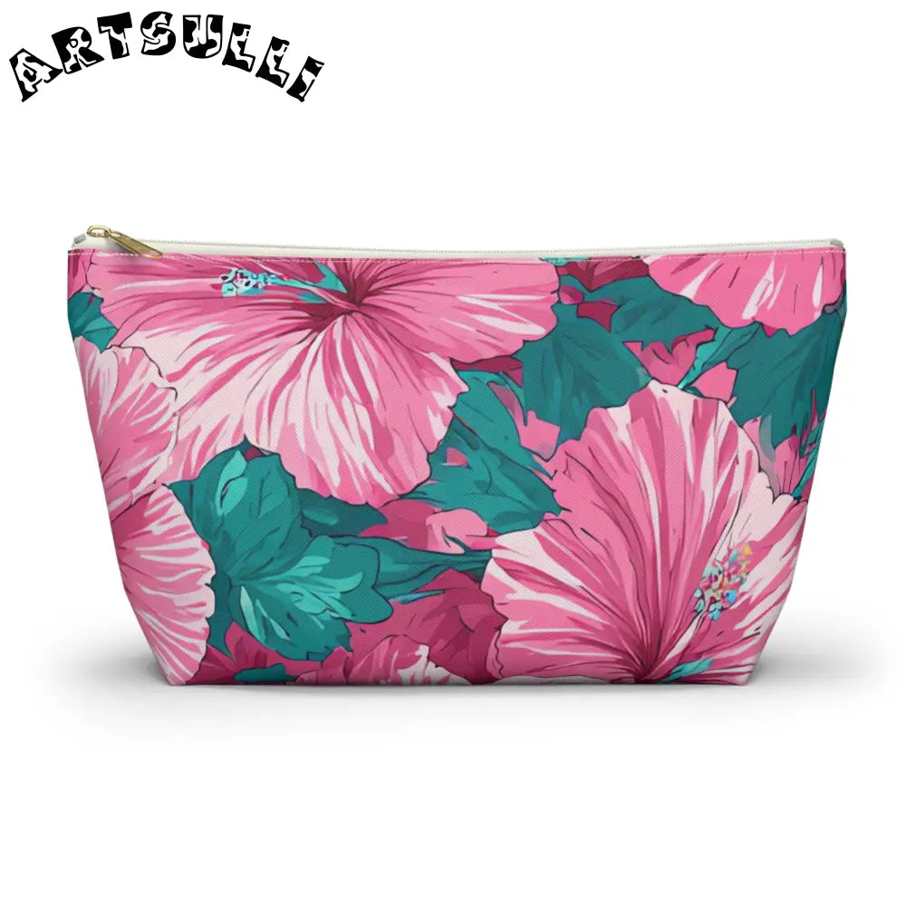 Pink Hibiscus Floral T-Bottom Pouch, Artsulli - Art is Long, Life is Short, Bags, Size, Large, Color, White zipper, , , 33754290511769601218