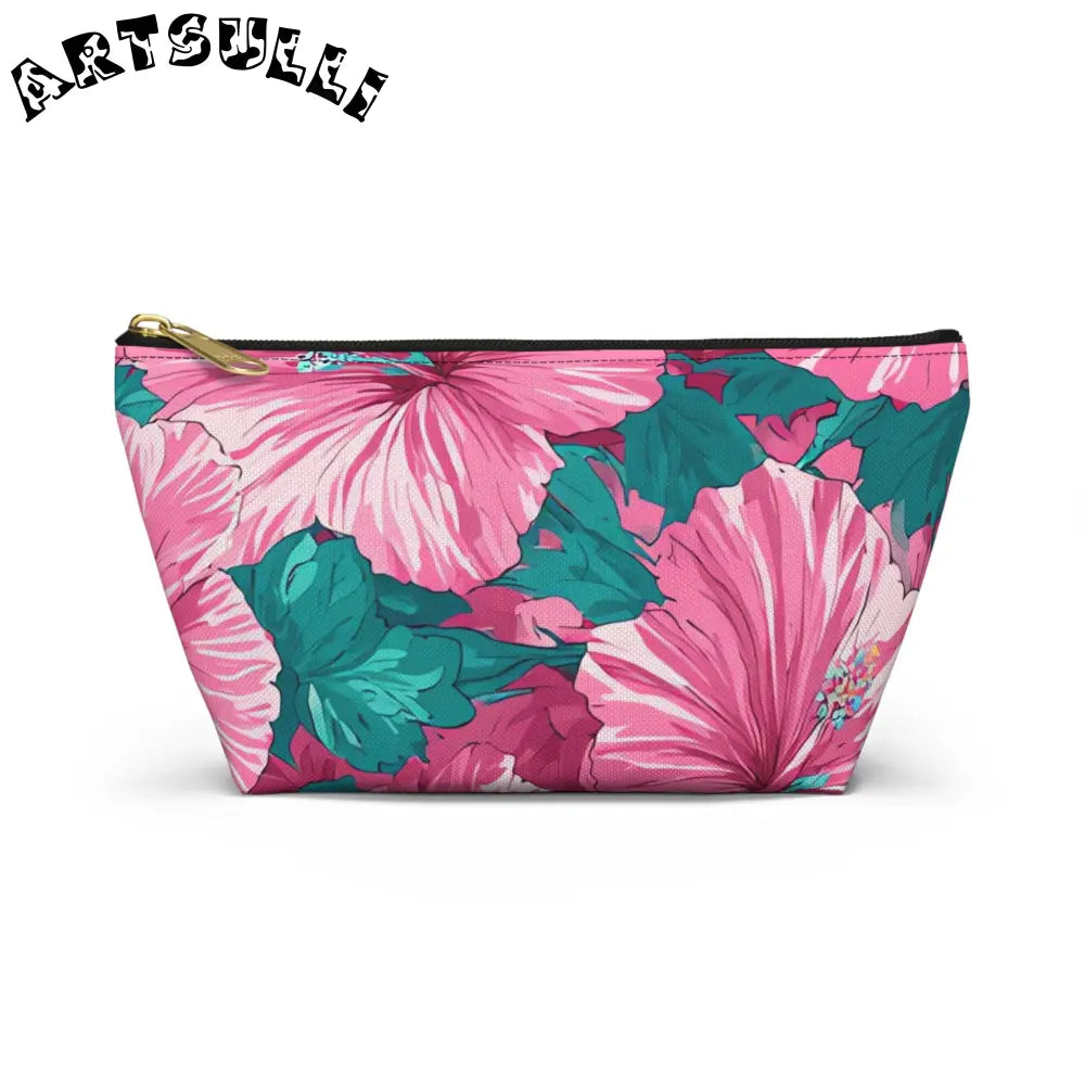 Pink Hibiscus Floral T-Bottom Pouch, Artsulli - Art is Long, Life is Short, Bags, Size, Small, Color, Black zipper, , , 19954686080468766506