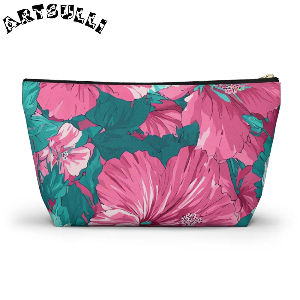 Pink Hibiscus Floral T-Bottom Pouch, Artsulli - Art is Long, Life is Short, Bags, , , , , , , 