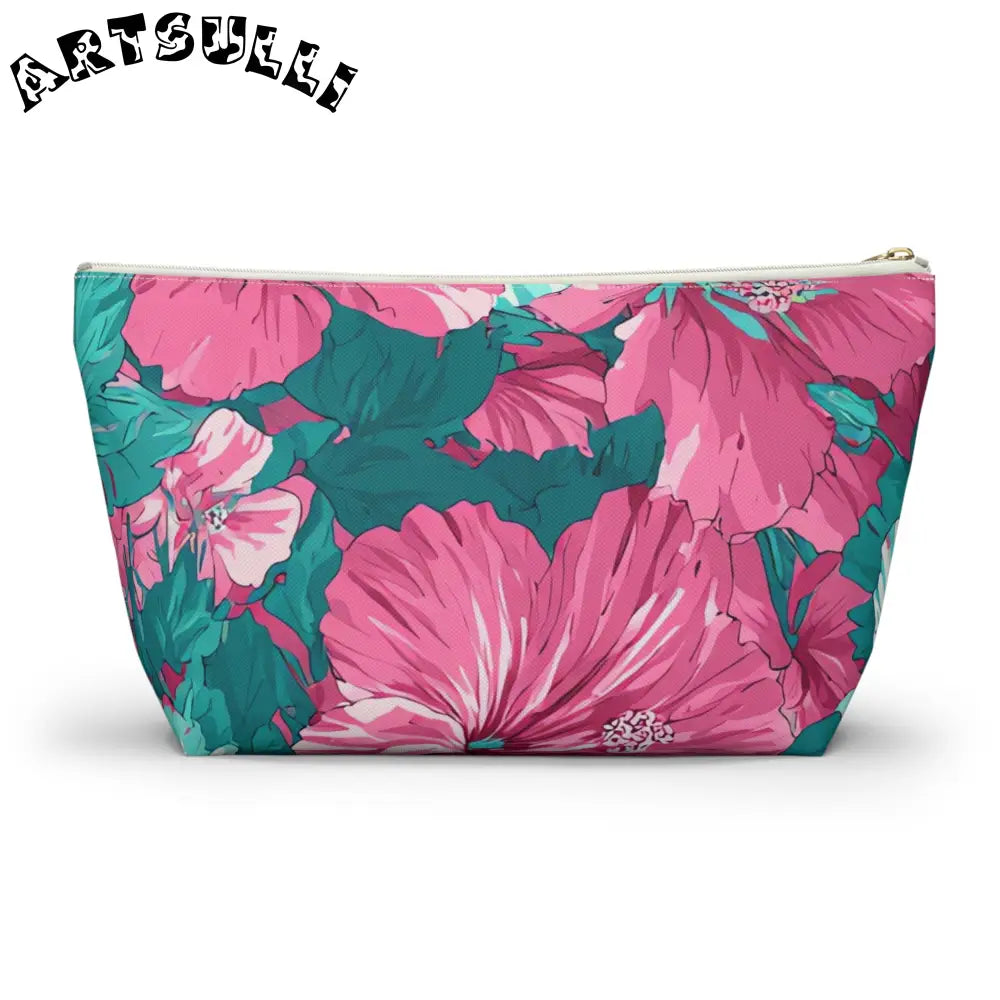 Pink Hibiscus Floral T-Bottom Pouch, Artsulli - Art is Long, Life is Short, Bags, , , , , , , 