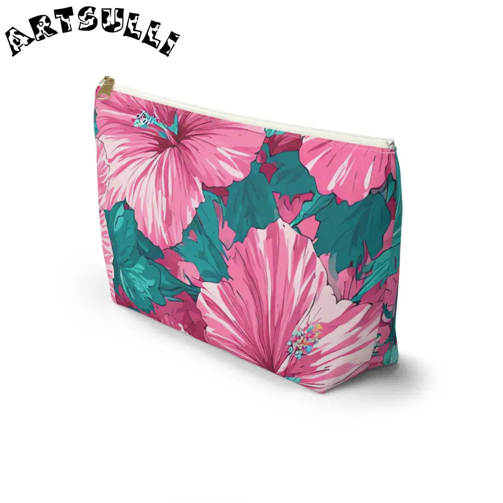 Pink Hibiscus Floral T-Bottom Pouch, Artsulli - Art is Long, Life is Short, Bags, , , , , , , 