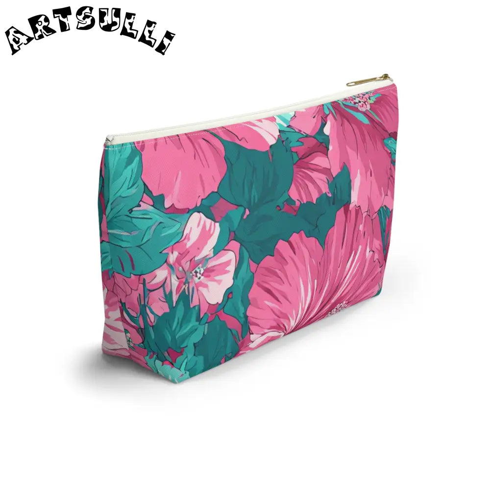 Pink Hibiscus Floral T-Bottom Pouch, Artsulli - Art is Long, Life is Short, Bags, , , , , , , 