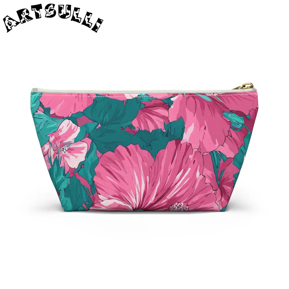 Pink Hibiscus Floral T-Bottom Pouch, Artsulli - Art is Long, Life is Short, Bags, , , , , , , 