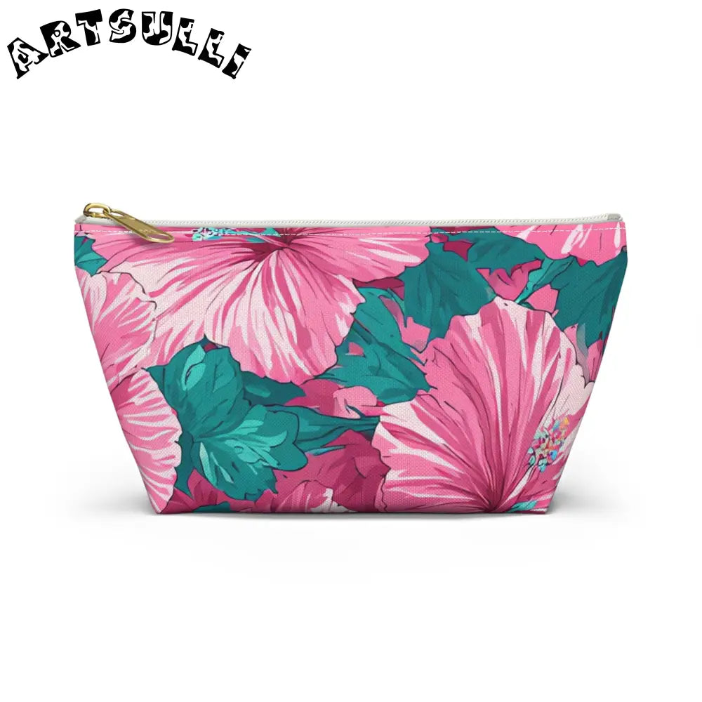 Pink Hibiscus Floral T-Bottom Pouch, Artsulli - Art is Long, Life is Short, Bags, Size, Small, Color, White zipper, , , 47816896504172654818